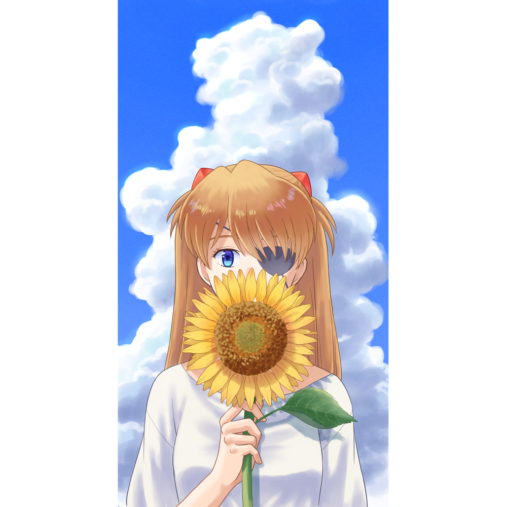 1girl bangs blue_eyes breasts brown_hair day evangelion:_3.0+1.0_thrice_upon_a_time eyepatch flower hair_ornament hairclip holding long_hair looking_at_viewer masago_ksb neon_genesis_evangelion rebuild_of_evangelion solo standing sunflower upper_body