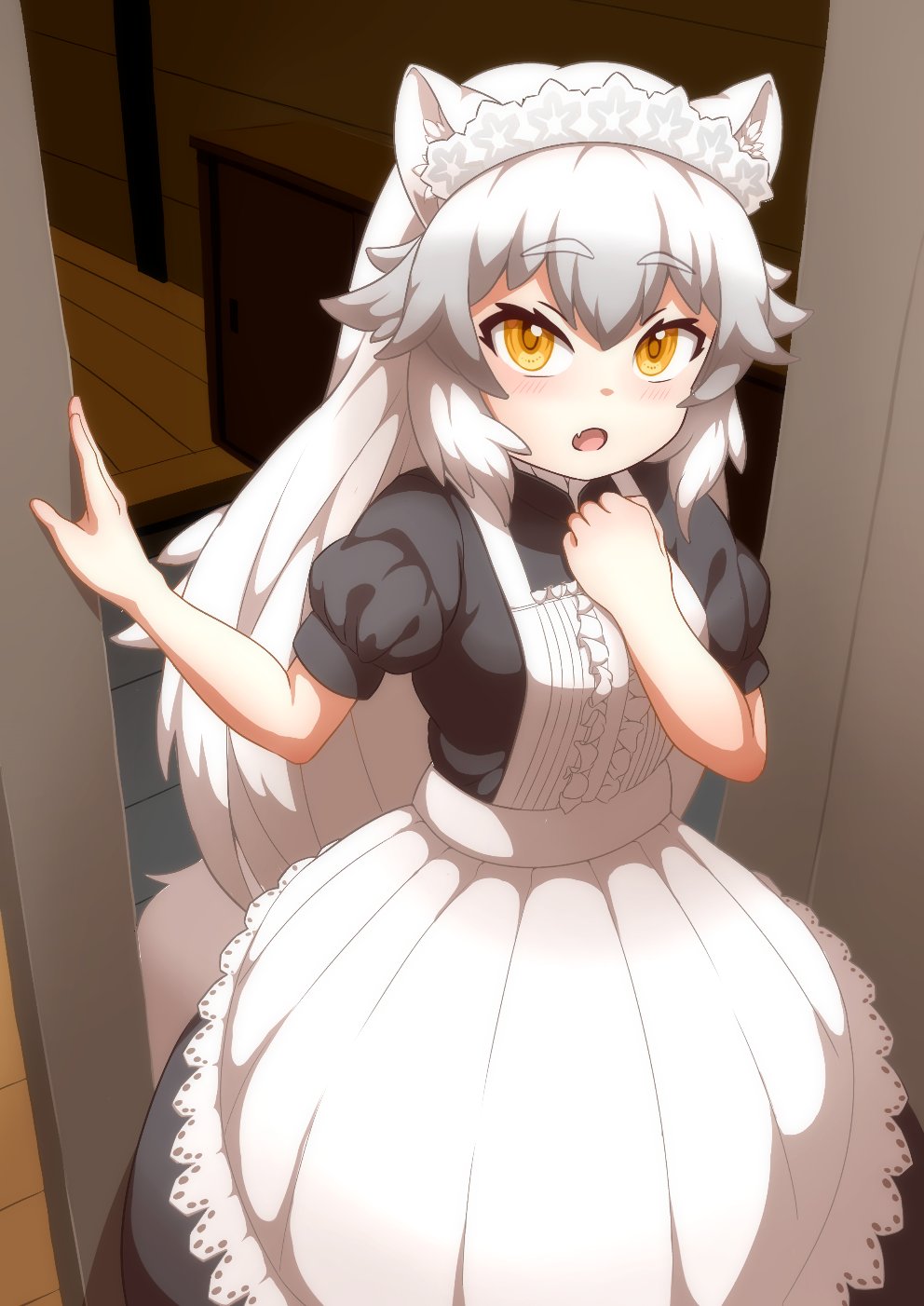 alternate_costume animal_ears apron arctic_fox_(kemono_friends) black_dress blush commentary_request dress enmaided fang fox_ears fox_girl fox_tail frilled_apron frills highres ibuki_s_forpm kemono_friends kemono_friends_3 long_hair looking_at_viewer maid maid_headdress official_alternate_costume open_mouth puffy_short_sleeves puffy_sleeves short_sleeves tail white_apron white_hair yellow_eyes