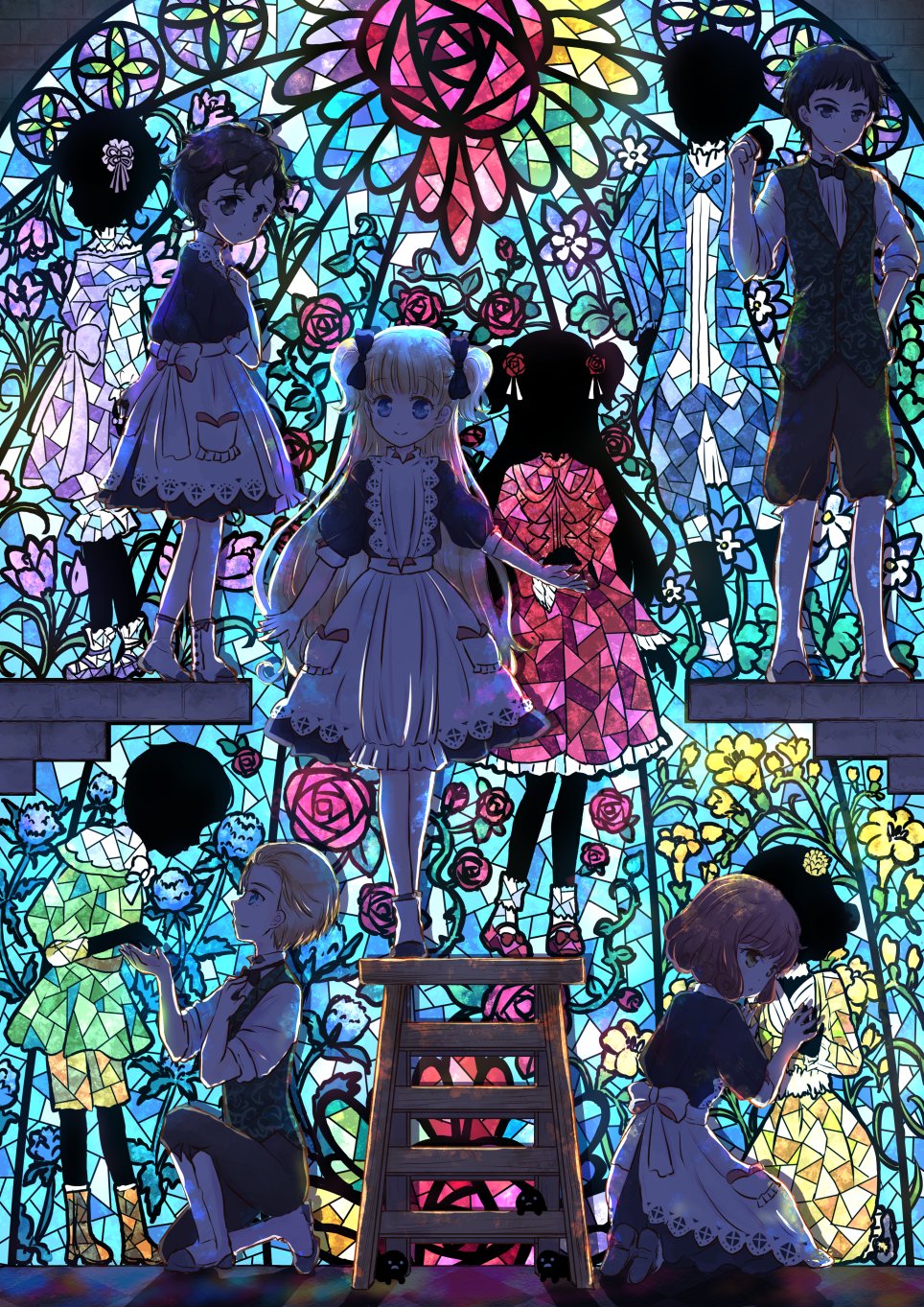 4boys 6+girls apron bangs black_bow black_hair blonde_hair blue_bow blue_dress blue_eyes blue_jacket blunt_bangs bow dress emilico_(shadows_house) flower full_body glass hair_bow hair_flower hair_ornament highres jacket john_(shadows_house) kate_(shadows_house) ladder long_hair long_sleeves lou_(shadows_house) louise_(shadows_house) multiple_boys multiple_girls patrick_(shadows_house) puffy_sleeves ram_(shadows_house) red_dress red_flower red_rose redhead ricky_(shadows_house) rose shadow_(shadows_house) shadows_house shaun_(shadows_house) shirley_(shadows_house) shirt short_hair stained_glass standing stepladder two_side_up white_apron white_shirt yellow_eyes yutsuki_yuri