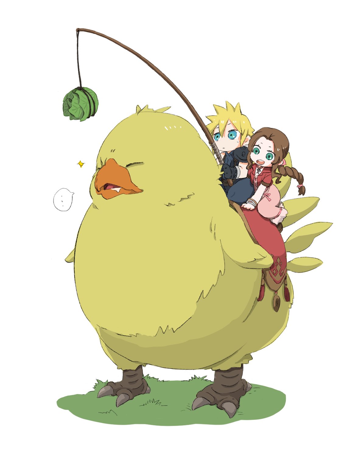 ... 1boy 1girl aerith_gainsborough armor bangle bangs bird blonde_hair blue_eyes blue_pants blue_shirt bracelet braid braided_ponytail brown_hair chibi chocobo choker closed_eyes cloud_strife dress drooling fat_chocobo final_fantasy final_fantasy_vii final_fantasy_vii_remake fishing_rod food grass green_eyes hair_between_eyes hair_ribbon highres jacket jewelry long_hair open_mouth outdoors pants parted_bangs pink_dress pink_ribbon red_jacket ribbon ribbon_choker riding_animal ringon saddle shirt short_hair shoulder_armor sidelocks smile spiky_hair vegetable white_background