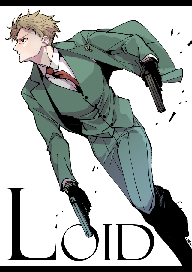 1boy bangs black_gloves blonde_hair buttons character_name collared_shirt dual_wielding foot_out_of_frame formal gloves green_jacket green_pants green_suit green_vest gun handgun holding holding_gun holding_weapon jacket letterboxed long_sleeves looking_to_the_side male_focus nair_(mindcreator) necktie pants parted_bangs red_necktie shirt short_hair solo spy_x_family suit suit_jacket twilight_(spy_x_family) vest waistcoat weapon white_shirt