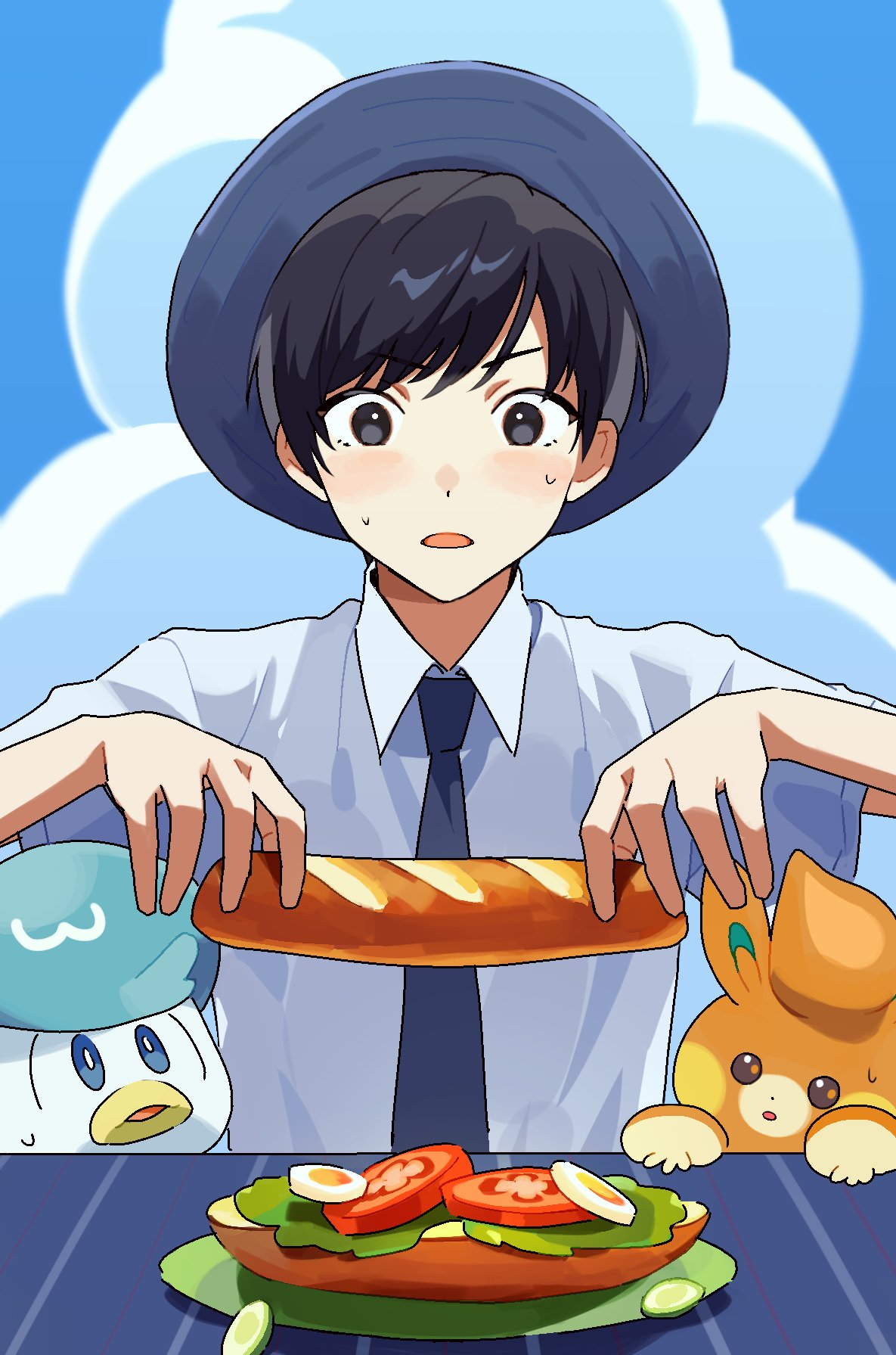 1boy bangs black_hair bread collared_shirt commentary_request day florian_(pokemon) food hat highres holding holding_food korean_commentary lettuce male_focus necktie open_mouth outdoors pawmi pokemon pokemon_(creature) pokemon_(game) pokemon_sv quaxly sandwich sarara_rarara shirt short_hair short_sleeves sliced_egg sweat tomato tomato_slice
