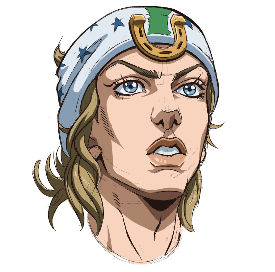 1boy blonde_hair blue_eyes grandguerrilla horseshoe johnny_joestar jojo_no_kimyou_na_bouken male_focus parted_lips portrait simple_background solo steel_ball_run white_background