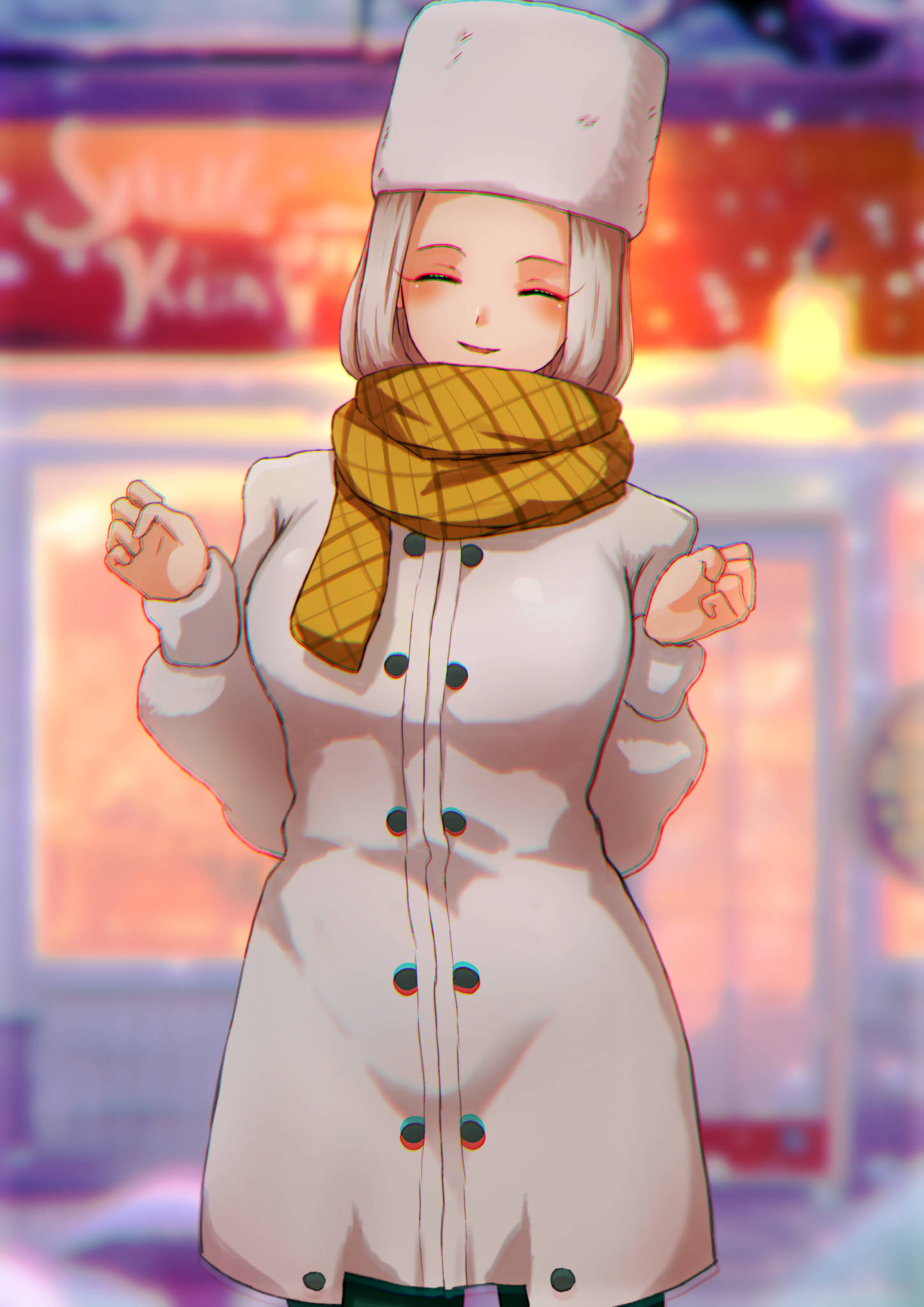 1girl black_pantyhose blurry blurry_background breasts coat cowboy_shot fate/zero fate_(series) hat highres irisviel_von_einzbern large_breasts long_sleeves pantyhose reijgr_(ff9999x) scarf smile solo standing white_coat white_hair white_headwear yellow_scarf