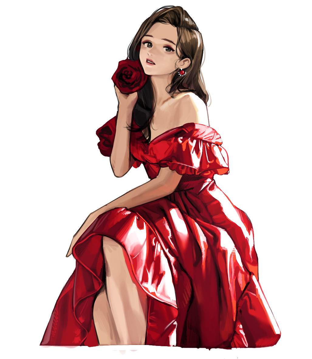 1girl bare_arms brown_eyes brown_hair dress earrings feet_out_of_frame flower hand_up jewelry long_hair looking_at_viewer off_shoulder original parted_lips red_dress red_flower rinotuna simple_background sitting solo white_background