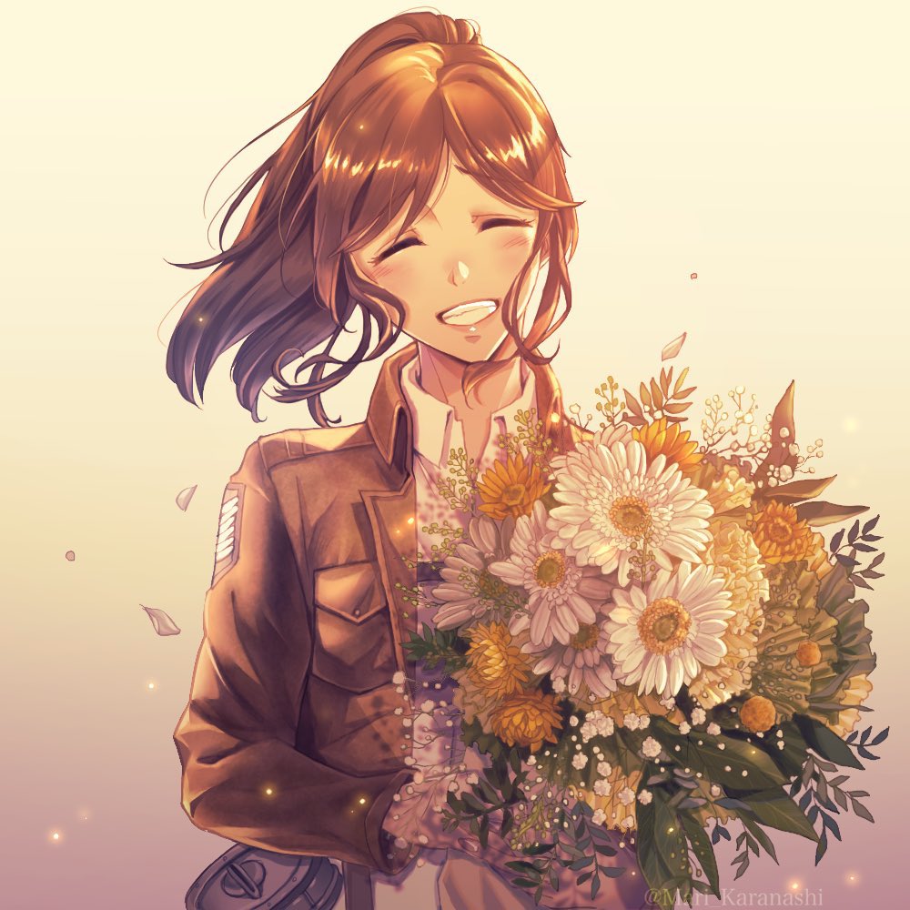 1girl bangs blush bouquet breasts brown_hair closed_eyes flower holding holding_bouquet jacket karanashi_mari medium_breasts medium_hair paradis_military_uniform ponytail sasha_braus shingeki_no_kyojin sidelocks smile solo survey_corps_(emblem)