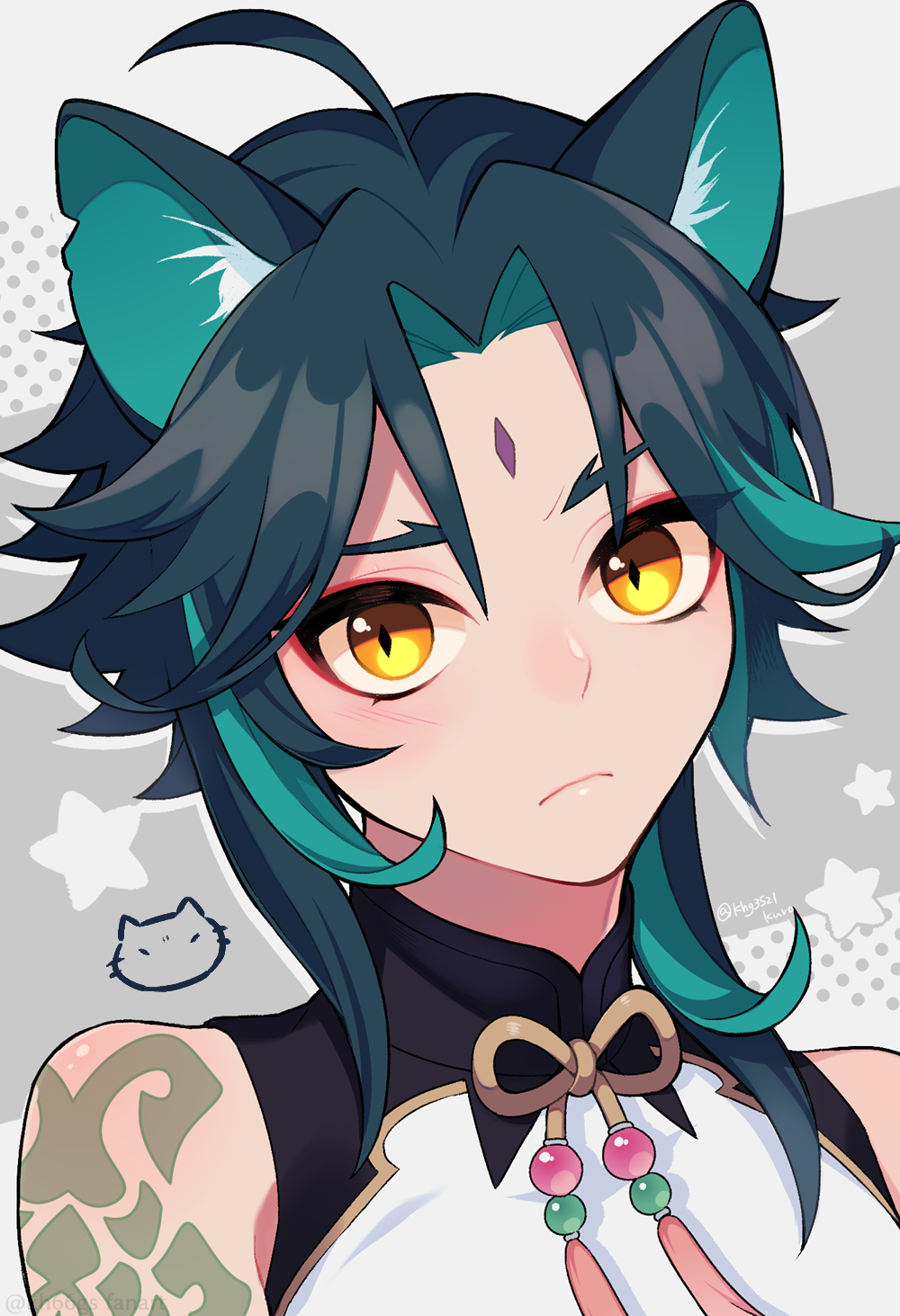 1boy animal_ears arm_tattoo cat_ears closed_mouth genshin_impact green_hair highres kh66gs male_focus multicolored_hair short_hair tassel tattoo xiao_(genshin_impact) yellow_eyes