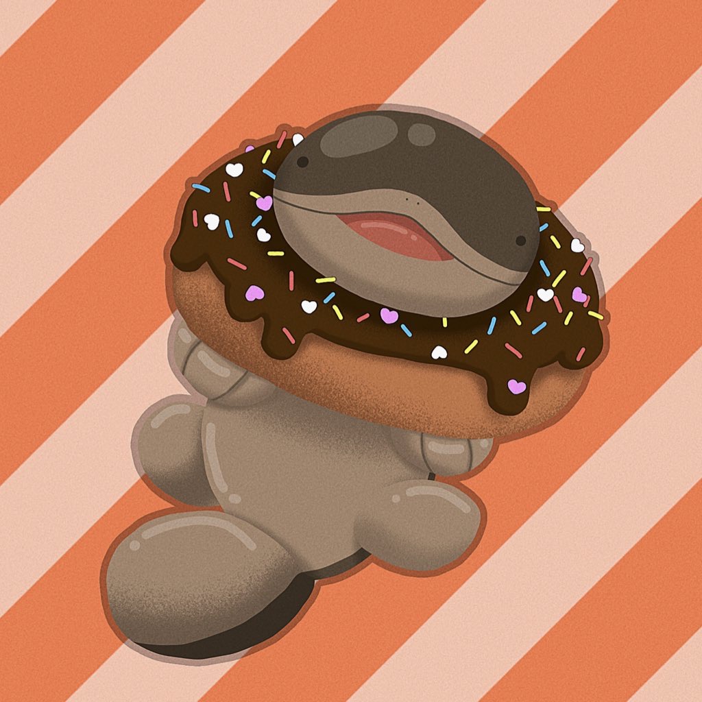 ._. animal_focus bakudai black_eyes blank_eyes chibi clodsire commentary_request doughnut food food_focus happy heart in_food looking_at_viewer no_humans open_mouth orange_background outline partial_commentary pokemon pokemon_(creature) shiny shiny_skin simple_background smile solo sprinkles striped striped_background