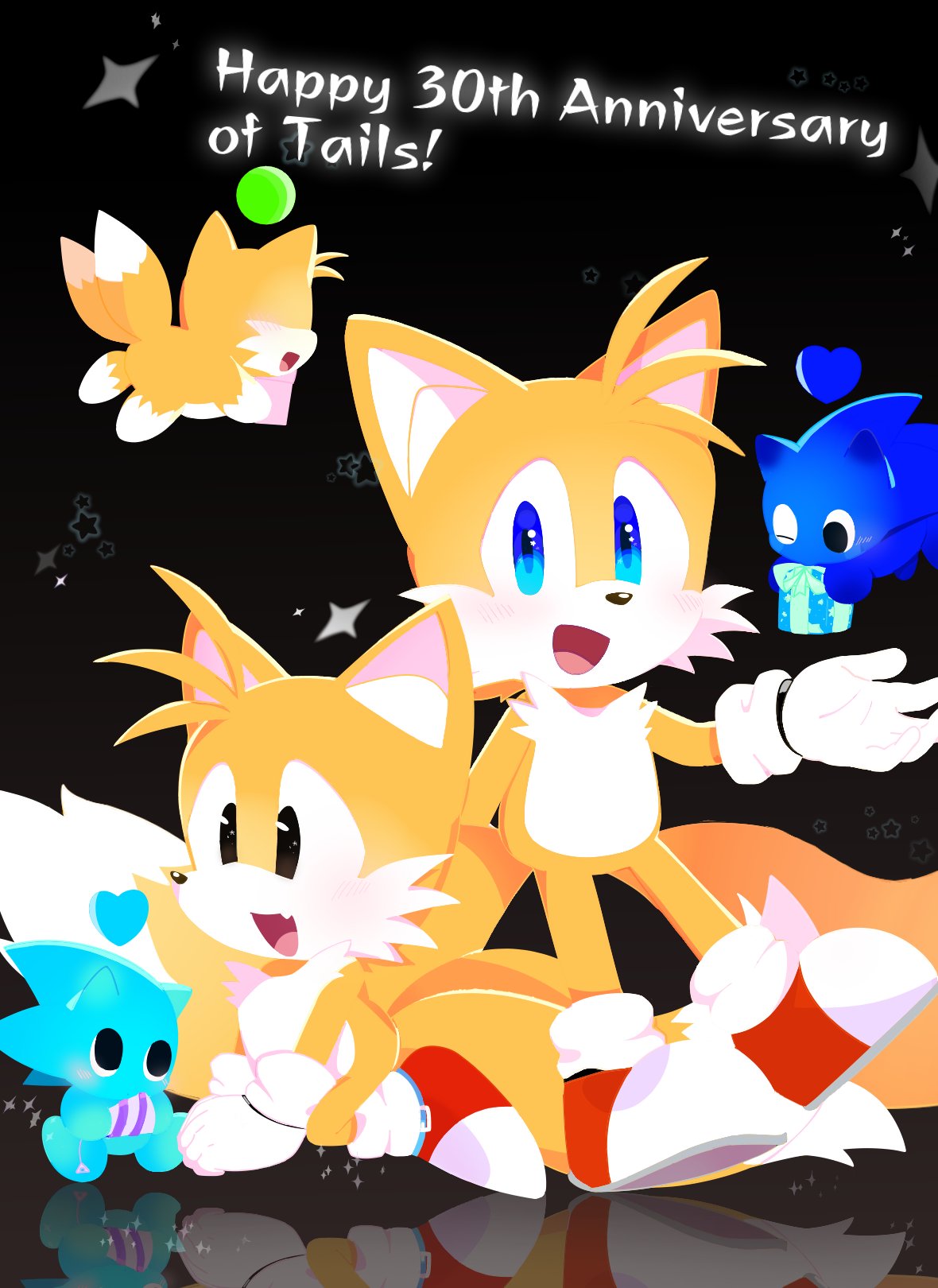 2boys :d anniversary black_eyes blue_eyes box chao_(sonic) dual_persona fang floating fox_boy furry furry_male gift gift_box gloves happy_birthday highres kuwa_kanou male_focus multiple_boys multiple_tails shoes smile snout sonic_(series) tail tails_(sonic) two_tails white_gloves