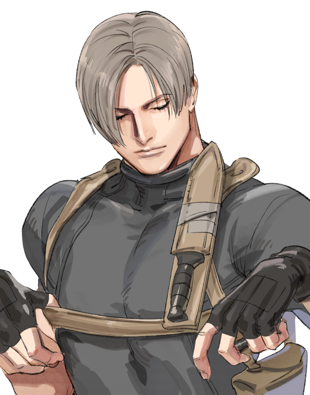 1boy adjusting_strap bangs black_gloves brown_hair chest_harness closed_eyes closed_mouth fingerless_gloves gloves grey_shirt harness high_collar leon_s._kennedy male_focus parted_bangs resident_evil resident_evil_4 resident_evil_4_(remake) shirt short_hair short_sleeves solo tatsumi_(psmhbpiuczn) tight tight_shirt toned toned_male upper_body white_background