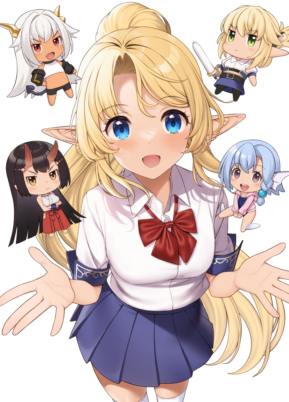 aegis_(takunomi) bangs blonde_hair blue_eyes bow bowtie breasts chibi collared_shirt elf elliot_leucosia enjo_kouhai from_above hands_up highres iris_(takunomi) long_hair looking_at_viewer medium_breasts miniskirt multiple_girls open_hands open_mouth origamine_ouka original pleated_skirt pointy_ears ponytail school_uniform shirt short_sleeves simple_background skirt smile solo_focus swept_bangs takunomi ursula_(takunomi) very_long_hair white_background white_shirt