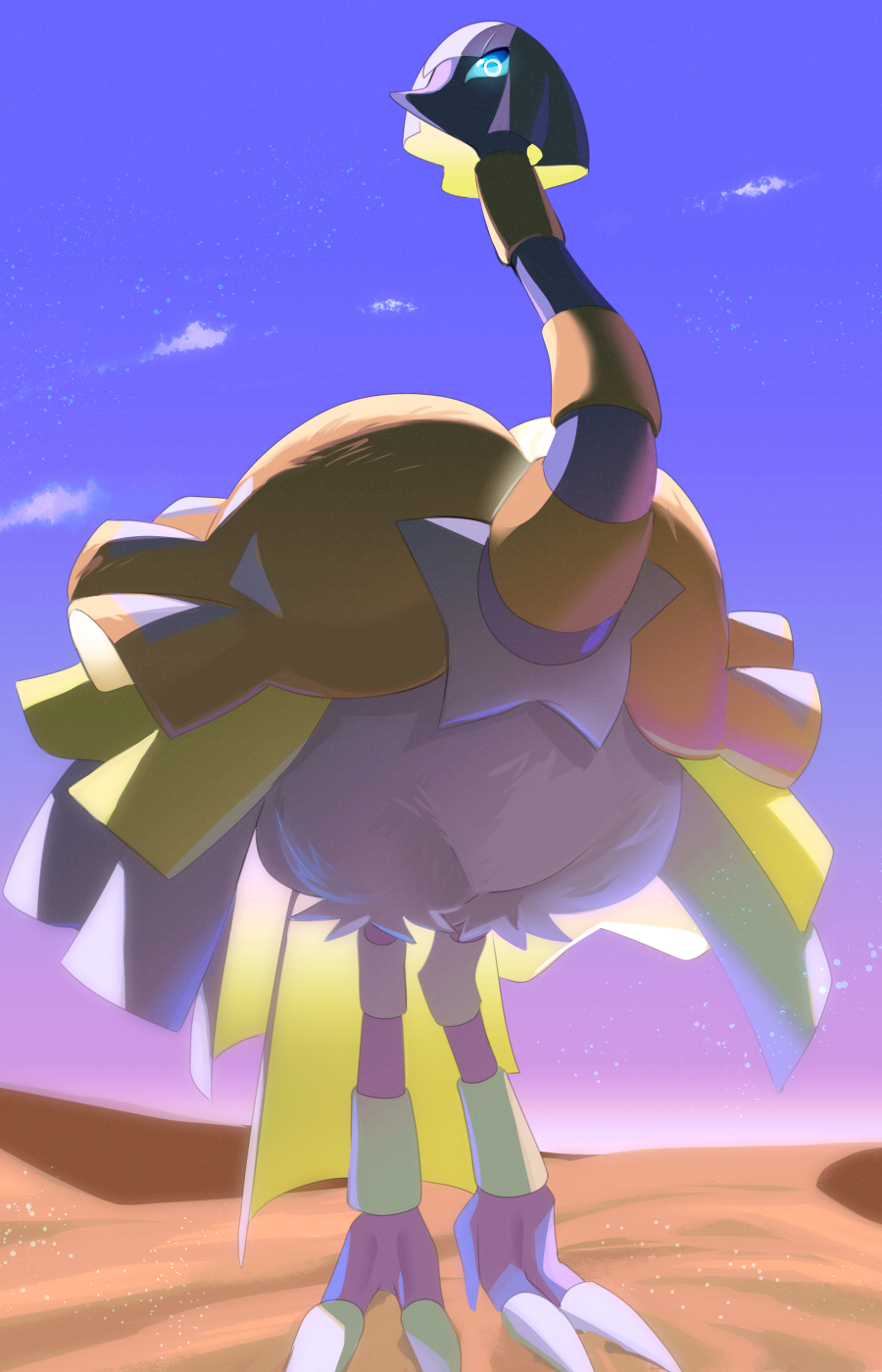 aqua_eyes bird clouds day espathra from_below highres mao_uyasunari no_humans outdoors pokemon pokemon_(creature) sand sky solo standing talons