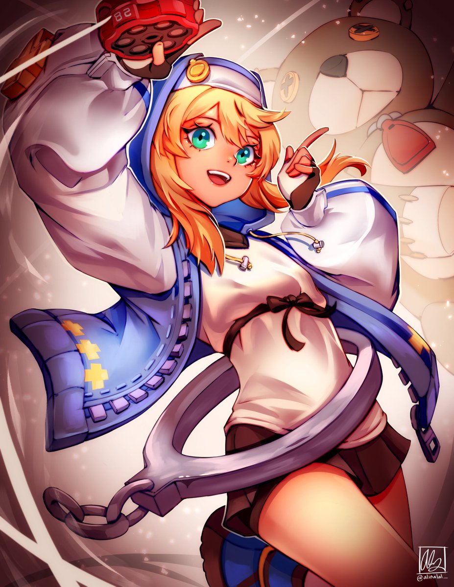 1girl alina_l androgyne_symbol bike_shorts black_gloves blonde_hair blue_eyes blush bridget_(guilty_gear) fingerless_gloves gloves green_eyes guilty_gear guilty_gear_strive habit highres hood hooded_jacket jacket long_hair looking_at_viewer mars_symbol nun open_mouth roger_(guilty_gear) skirt smile solo stuffed_animal stuffed_toy teddy_bear transgender yo-yo