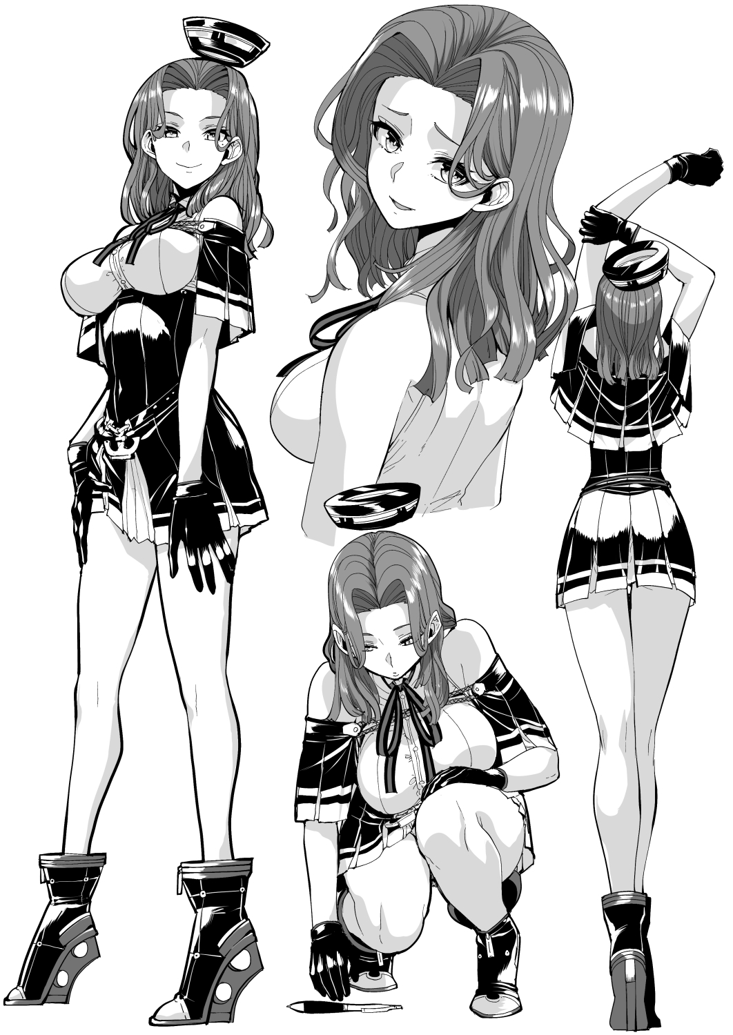1girl boots breasts from_behind gloves greyscale hair_between_eyes hair_intakes halo highres ifuji_shinsen kantai_collection large_breasts looking_at_viewer mechanical_halo monochrome multiple_views pleated_skirt rudder_footwear shirt short_hair skirt sleeveless sleeveless_shirt standing tatsuta_(kancolle)