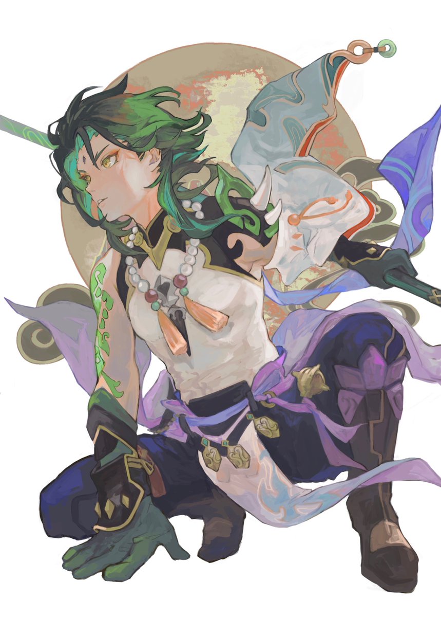 1boy ahoge aqua_hair arm_up bangs bare_shoulders black_footwear black_gloves black_hair black_pants boots closed_mouth full_moon genshin_impact gloves green_hair grey_shirt hair_between_eyes hand_up highres holding holding_weapon jewelry long_sleeves looking_to_the_side male_focus mandarin_collar moon multicolored_hair mumu_vosp necklace pants pearl_necklace pom_pom_(clothes) purple_belt shirt short_hair sitting sleeveless sleeveless_shirt solo teeth v-shaped_eyebrows vision_(genshin_impact) weapon wide_sleeves xiao_(genshin_impact) yellow_eyes