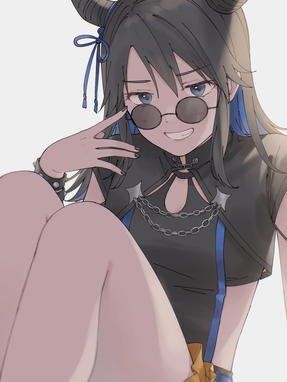 1girl alternate_hairstyle black_hair black_horns black_nails blue_eyes blue_hair blue_ribbon breasts chain glasses grin highres horn_ornament horns idolmaster idolmaster_shiny_colors knees_up mitsumine_yuika multicolored_hair pachiko ribbon small_breasts smile solo thighs wristband