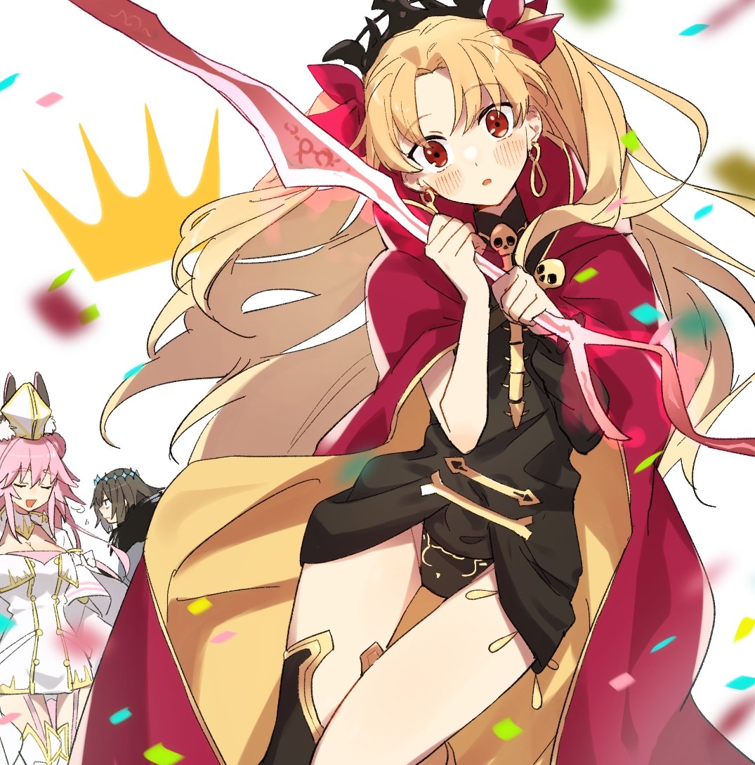 1boy 2girls animal_ear_fluff animal_ears asymmetrical_legwear asymmetrical_sleeves bangs black_leotard black_thighhighs blonde_hair blush brown_hair cape closed_eyes commentary_request confetti diamond_hairband dress earrings ereshkigal_(fate) fate/grand_order fate_(series) floating_hair fur-trimmed_cape fur_trim gold_trim hair_ribbon hat holding holding_weapon hood hood_down hooded_cape jewelry kabutomushi_s koyanskaya_(assassin)_(third_ascension)_(fate) koyanskaya_(fate) leotard long_hair long_sleeves looking_at_viewer meslamtaea_(weapon) multiple_girls oberon_(fate) oberon_(third_ascension)_(fate) open_mouth parted_bangs pink_hair rabbit_ears red_cape red_eyes red_ribbon ribbon short_hair single_sleeve single_thighhigh skull smile spine tamamo_(fate) thigh-highs tiara two-tone_cape two_side_up uneven_legwear uneven_sleeves very_long_hair weapon white_background white_dress white_headwear yellow_cape