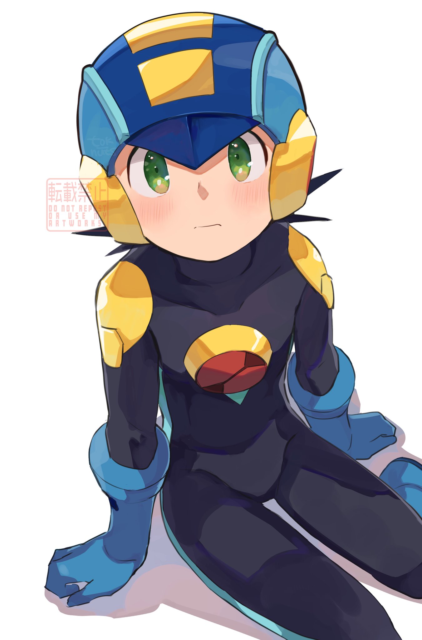 1boy black_bodysuit black_hair blue_headwear blush bodysuit closed_mouth commentary_request green_eyes helmet highres looking_at_viewer male_focus mega_man_(series) mega_man_battle_network megaman.exe shadow short_hair simple_background sitting solo spiky_hair tok_nuts watermark white_background