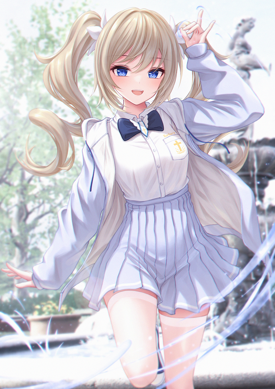 1girl :d alternate_costume arm_up bae.c bangs barbara_(genshin_impact) blonde_hair blue_bow blue_bowtie blue_eyes blue_footwear blurry blurry_background blush bow bowtie breasts buttons collared_shirt cross_print drawstring dress_shirt drill_hair fountain fox_shadow_puppet genshin_impact grey_jacket grey_skirt happy high-waist_skirt highres hood hood_down hooded_jacket jacket leg_up long_hair long_sleeves looking_at_viewer medium_breasts necktie no_headwear open_clothes open_jacket open_mouth pleated_skirt school_uniform shirt shirt_tucked_in shoes short_necktie sidelocks skirt sleeves_past_wrists smile sneakers solo standing standing_on_one_leg thigh-highs twin_drills two-tone_footwear water white_footwear white_shirt white_thighhighs zettai_ryouiki