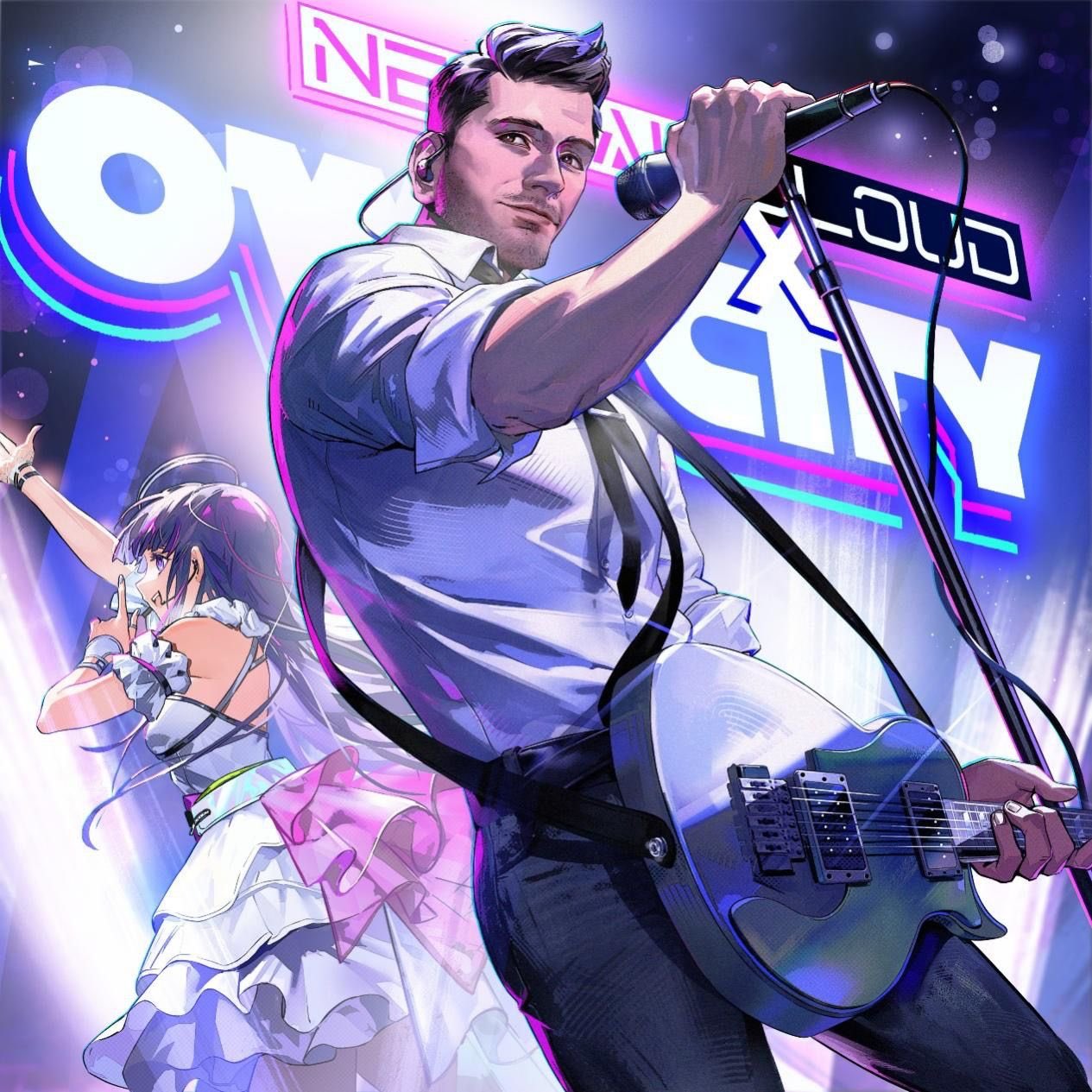 1boy 1girl adam_young artist_request black_hair black_necktie collared_shirt copyright_name cowboy_shot dress earpiece facial_hair frilled_dress frills girls'_frontline_neural_cloud girls_frontline guitar headset highres holding holding_instrument holding_microphone instrument long_hair microphone nanaka_(girls'_frontline_nc) necktie owl_city pants shirt short_hair sleeve_rolled_up smile stage stubble white_dress white_shirt