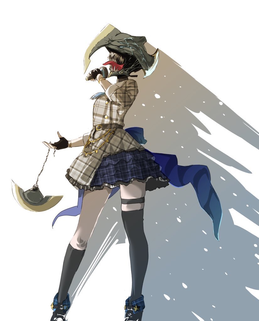 1girl asymmetrical_legwear axe belt black_footwear blue_belt blue_bow blue_hair bow bow_skirt buttons double-breasted dress gloves hololive hoshimachi_suisei kneehighs long_sleeves microphone miniskirt mismatched_legwear open_mouth partially_fingerless_gloves plaid short_dress single_kneehigh single_sock single_thighhigh skirt skirt_set socks solo srakamikasumi teeth thigh-highs uneven_legwear virtual_youtuber