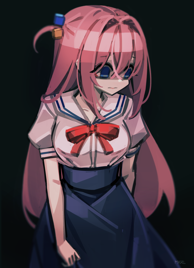 1boy allen_(makaroll) blue_eyes bocchi_the_rock! breasts eyelashes from_side gotou_hitori hair_between_eyes hair_intakes hair_ornament large_breasts long_hair long_skirt looking_away looking_to_the_side pink_hair red_ribbon ribbon school_uniform short_sleeves shy side_ahoge skirt solo