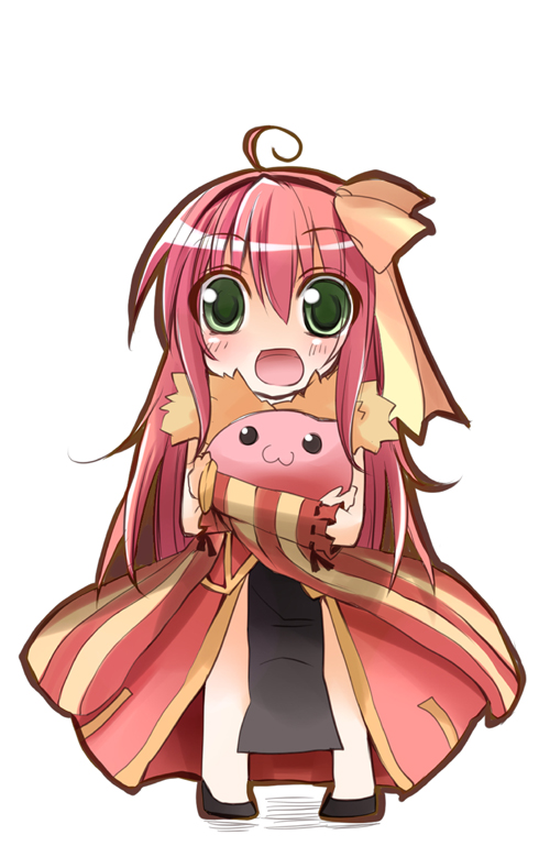 1girl :3 :d ahoge animal_around_neck bangle bangs black_footwear black_hairband blush bow bracelet chibi commentary_request creature detached_sleeves dress full_body green_eyes hair_between_eyes hair_bow hairband holding holding_creature hoshino_nazuna jewelry looking_at_viewer open_mouth pelvic_curtain pink_hair poring professor_(ragnarok_online) ragnarok_online red_dress red_sleeves shoes simple_background sleeveless sleeveless_dress slime_(creature) smile solo standing striped_sleeves white_background yellow_bow yellow_sleeves