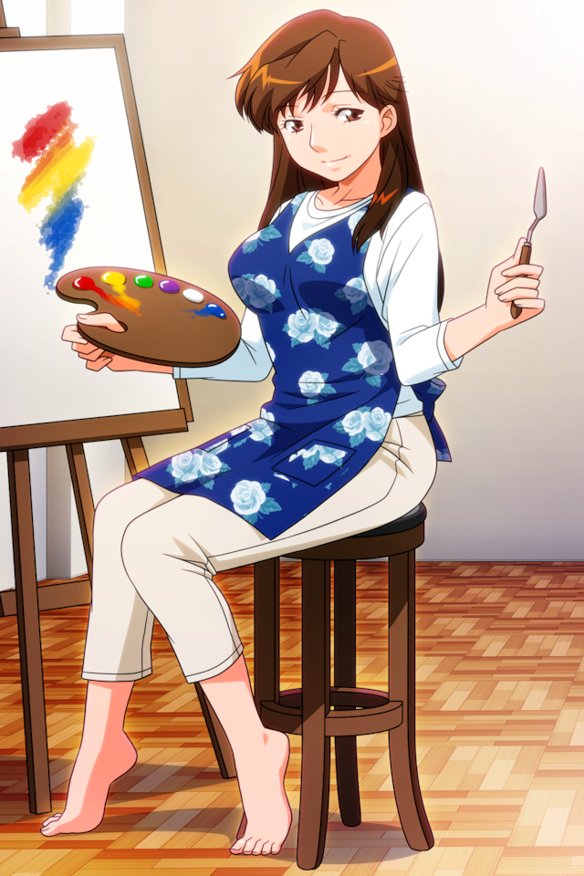 1girl bangs barefoot brown_eyes brown_hair canvas_(object) easel floral_print full_body holding kurihara_mari long_hair non-web_source official_art on_stool painting_(action) palette_(object) photoshop_(medium) sitting smile solo super_real_mahjong tanaka_ryou wooden_floor