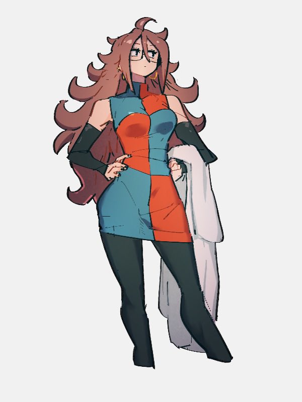 1girl android_21 black_sleeves checkered_clothes checkered_dress detached_sleeves dragon_ball dragon_ball_fighterz dress glasses grey_background kemachiku labcoat long_hair looking_away looking_to_the_side simple_background solo standing