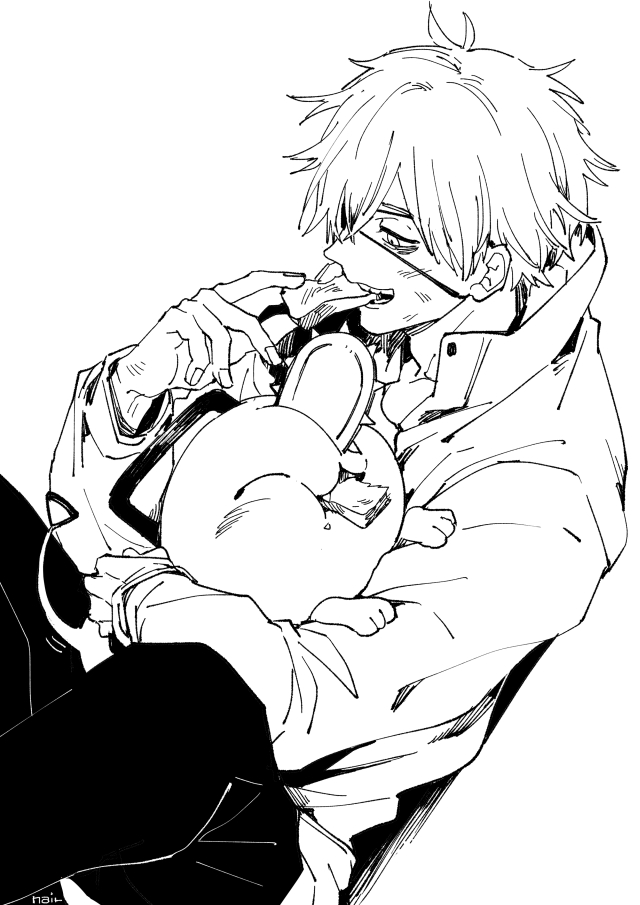 1boy black_pants chainsaw chainsaw_man creature cuddling denji_(chainsaw_man) dirty dirty_face eating eyepatch food full_mouth hair_between_eyes half-closed_eyes high_contrast holding holding_food jacket lineart long_sleeves male_focus nair_(mindcreator) open_mouth pants pochita_(chainsaw_man) short_hair white_background