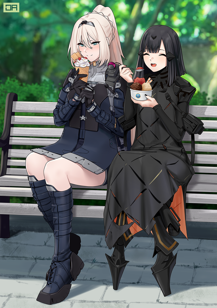 2girls an-94_(girls'_frontline) android bench black_hair boots cherry cyborg eating food fruit girls_frontline gloves happy highres holding holding_food holding_spoon ice_cream ice_cream_cone j_adsen mod3_(girls'_frontline) multiple_girls nyto_(girls'_frontline) nyto_adeline_(girls'_frontline) nyto_larvae_(girls'_frontline) parfait park park_bench spoon tactical_clothes