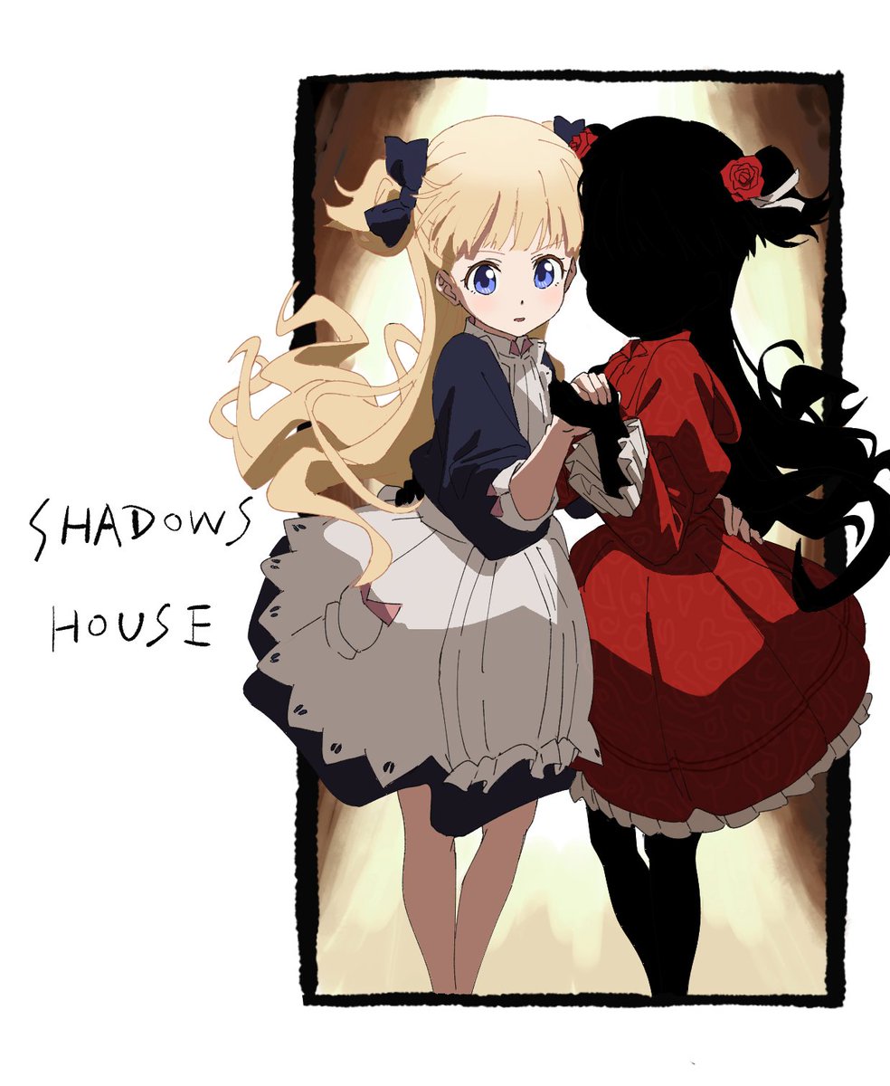 2girls apron bangs black_hair black_skin blonde_hair blue_bow blue_dress blue_eyes blunt_bangs blush bow colored_skin dress emilico_(shadows_house) flower hair_bow hair_flower hair_ornament highres kate_(shadows_house) long_hair long_sleeves multiple_girls open_mouth red_dress red_flower red_rose rose shadow_(shadows_house) shadows_house tomato_(lsj44867) two_side_up white_apron