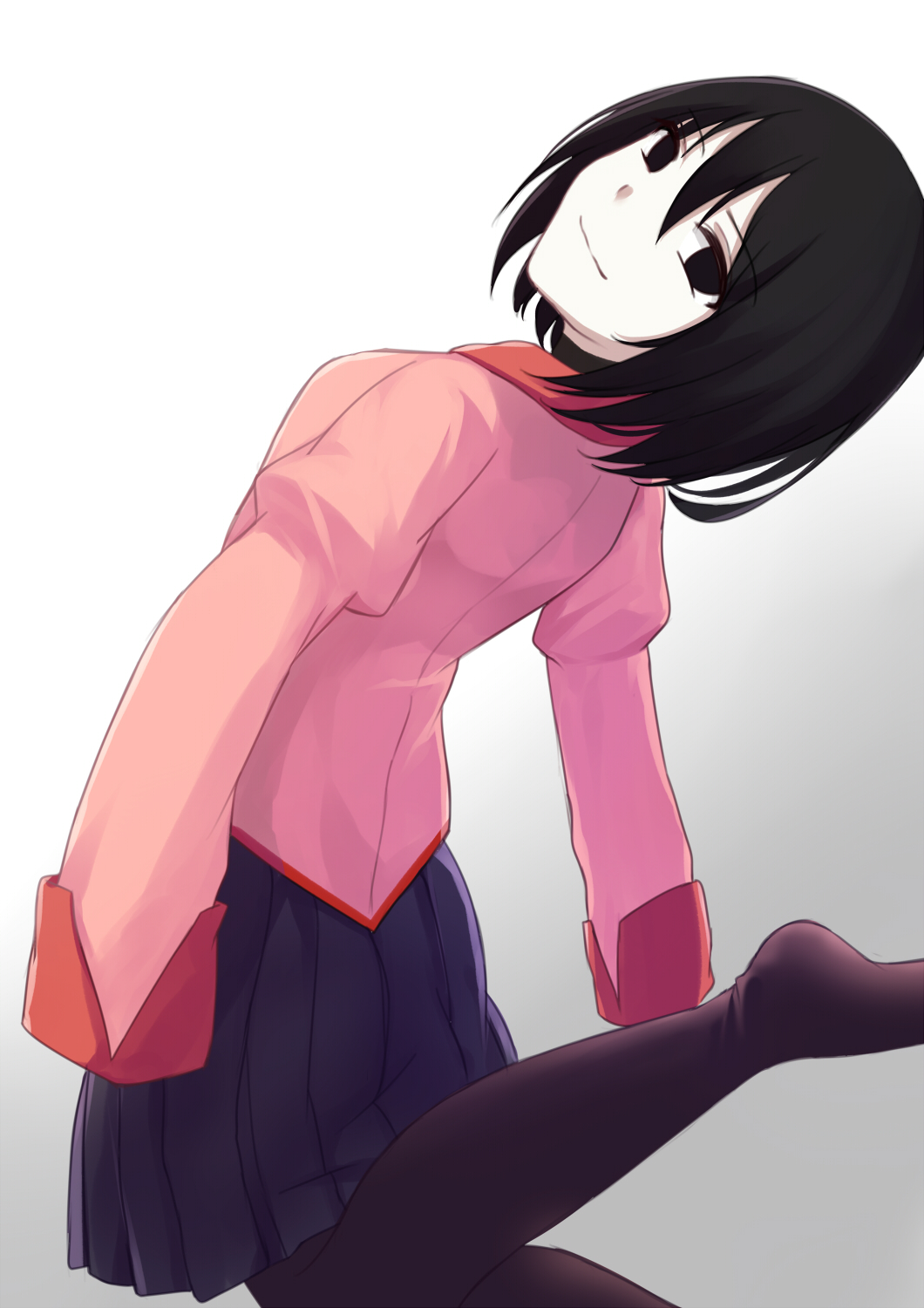 1girl bangs black_eyes black_hair black_pantyhose bob_cut breasts closed_mouth commentary dress_shirt empty_eyes foot_up from_behind gradient gradient_background grey_background hair_between_eyes highres itachi_kanade juliet_sleeves leaning_back light_smile long_sleeves looking_at_viewer looking_back monogatari_(series) naoetsu_high_school_uniform no_shoes oshino_ougi pale_skin pantyhose pink_shirt pleated_skirt puffy_sleeves purple_skirt school_uniform shirt short_hair skirt sleeves_past_fingers sleeves_past_wrists small_breasts solo white_background