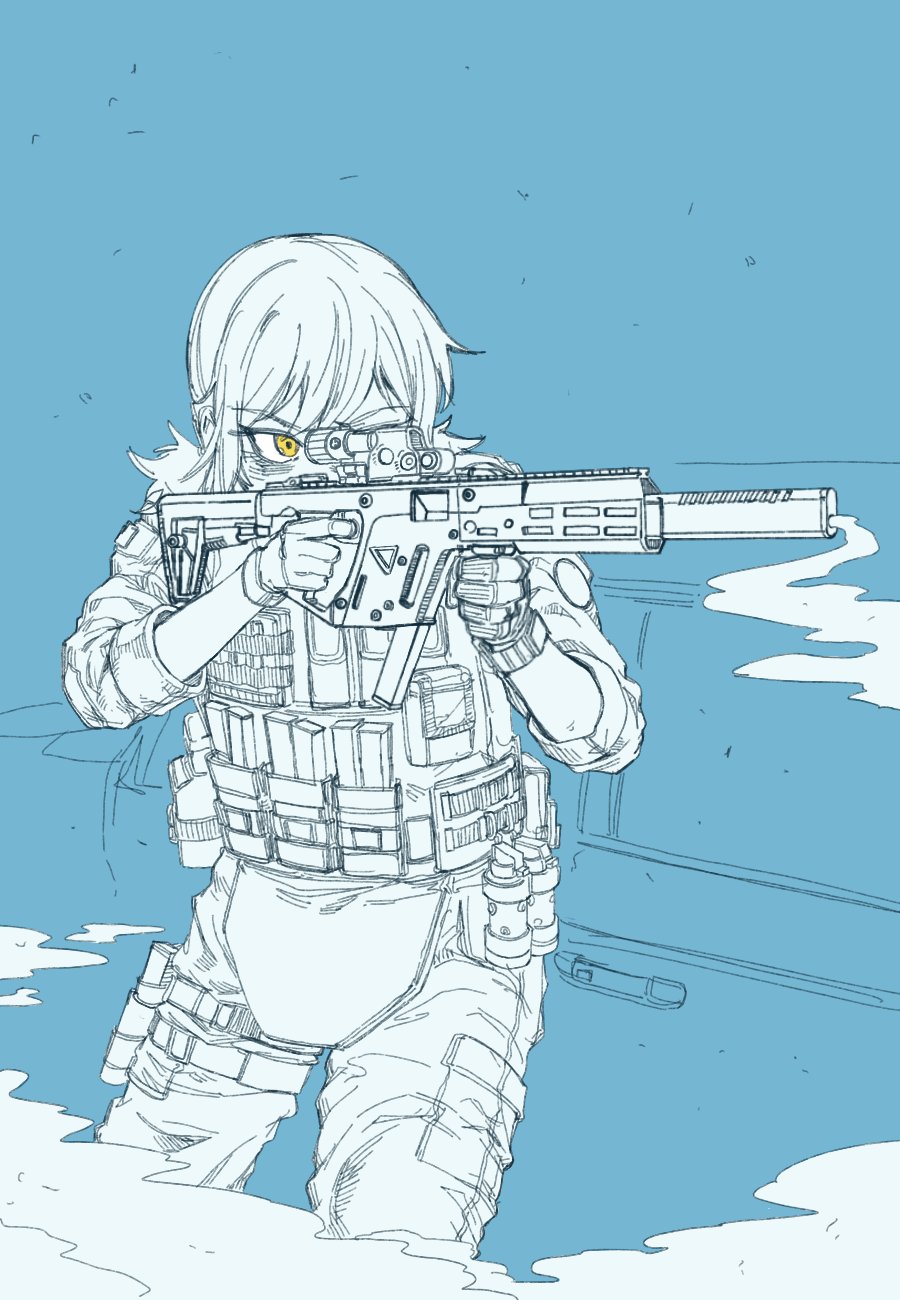 1girl aiming bangs blue_background commentary gloves gun highres holding holding_gun holding_weapon jacket kriss_vector long_hair long_sleeves looking_away original pants powerdman scope simple_background smoke smoking_gun solo submachine_gun weapon yellow_eyes