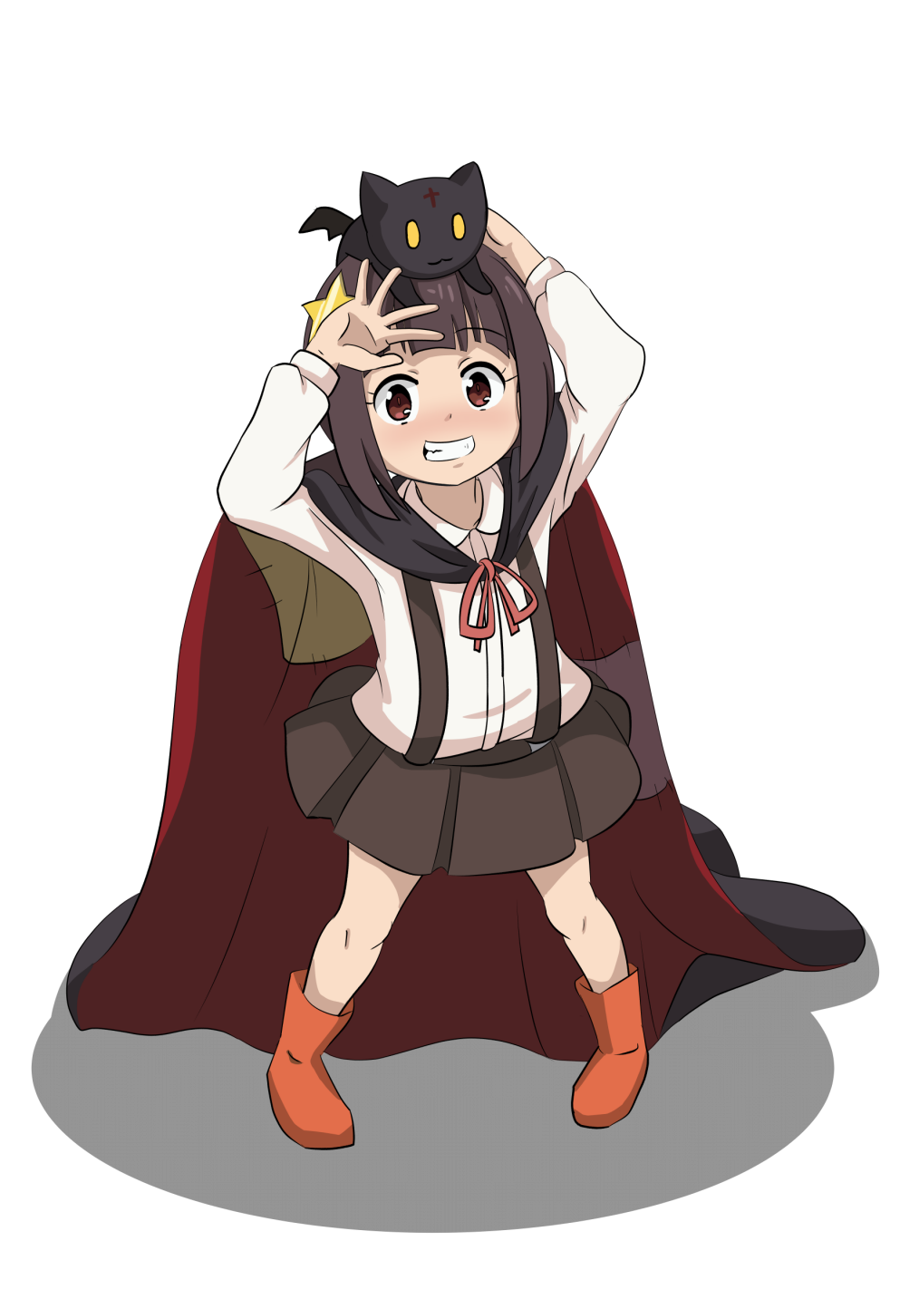 1girl animal_on_head bangs blush boots brown_eyes brown_hair brown_skirt cape cat cat_on_head child chomusuke clenched_teeth cyphernyaw female_child hair_ornament highres komekko kono_subarashii_sekai_ni_shukufuku_wo! legs long_hair looking_at_viewer on_head red_footwear shirt simple_background skirt solo star_(symbol) star_hair_ornament suspender_skirt suspenders teeth white_background white_shirt