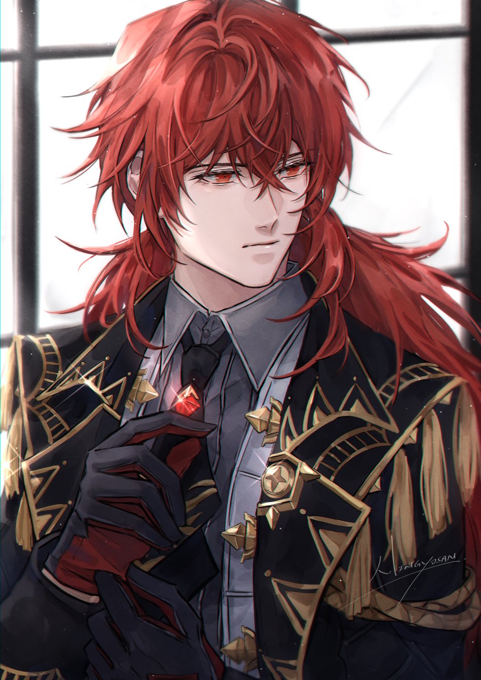 1boy ascot bangs black_ascot black_gloves black_jacket closed_mouth collared_shirt crossed_bangs diluc_(genshin_impact) gem genshin_impact gloves gold_trim grey_shirt hair_between_eyes highres jacket long_hair looking_to_the_side male_focus ningyo portrait red_eyes red_gloves redhead shirt solo two-tone_gloves upper_body vest white_vest window