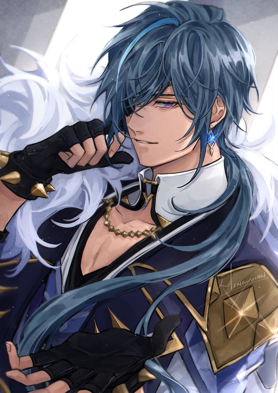 1boy artist_name bangle black_gloves blue_eyes blue_hair bracelet cape chain detached_collar earrings eyepatch fingerless_gloves fur-trimmed_cape fur_trim genshin_impact gloves gold_chain hair_between_eyes hair_over_shoulder hand_to_own_face highres jewelry kaeya_(genshin_impact) long_hair looking_at_viewer low_ponytail male_focus multicolored_hair ningyo outstretched_hand parted_lips portrait single_earring smile solo spiked_bracelet spikes streaked_hair tan upper_body