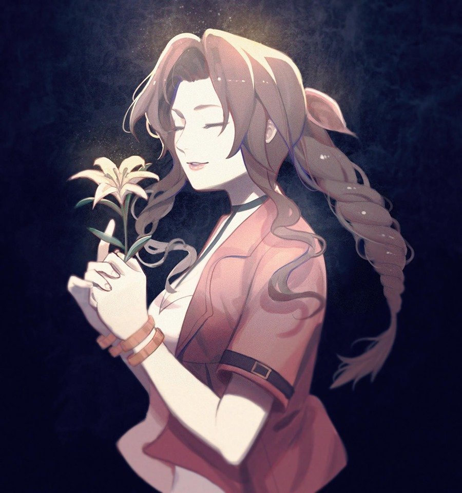 1girl aerith_gainsborough bangle bangs black_background bracelet braid braided_ponytail breasts brown_hair choker closed_eyes dress final_fantasy final_fantasy_vii final_fantasy_vii_remake flower hair_ribbon holding holding_flower jacket jewelry lily_(flower) long_hair medium_breasts own_hands_clasped own_hands_together parted_bangs parted_lips pink_dress pink_ribbon red_jacket ribbon ribbon_choker short_sleeves sidelocks smile solo upper_body wavy_hair whither_laws yellow_flower