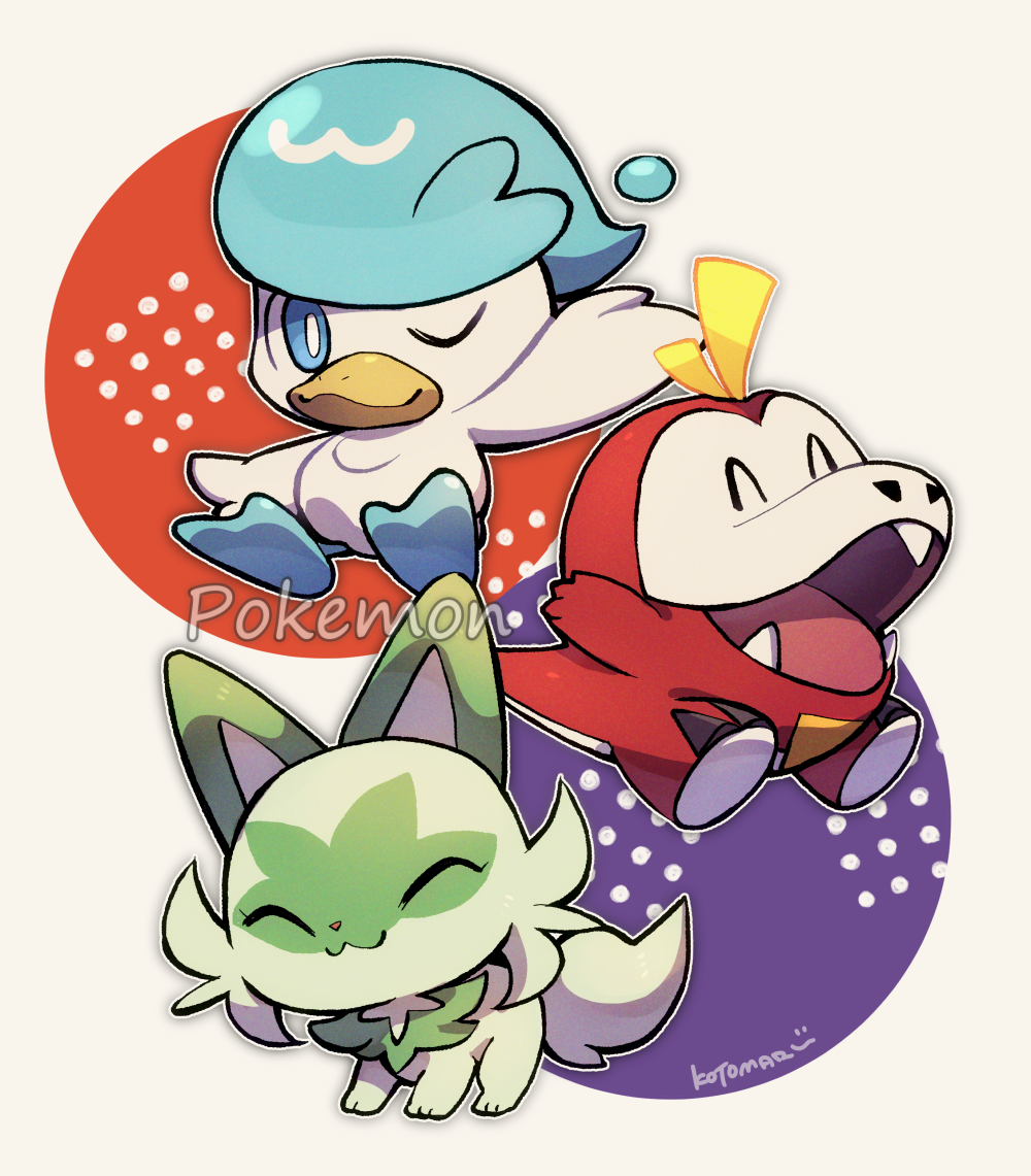 :3 ;) ^_^ blue_eyes bright_pupils closed_eyes closed_mouth commentary_request copyright_name fuecoco happy kotorai one_eye_closed open_mouth pokemon quaxly signature smile sprigatito starter_pokemon_trio white_pupils