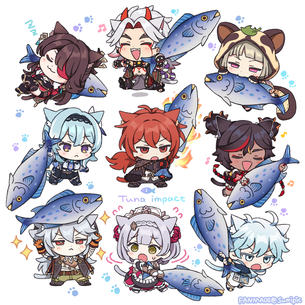 4boys 5girls :&lt; :3 :d :o @_@ animal animal_ear_fluff animal_ears aqua_hair arataki_itto bangs beidou_(genshin_impact) blunt_bangs brown_hair cat_boy cat_ears cat_girl cat_tail chibi chongyun_(genshin_impact) closed_eyes closed_mouth commentary dark-skinned_female dark_skin diluc_(genshin_impact) english_commentary eula_(genshin_impact) facepaint fangs fire fish flying_sweatdrops genshin_impact gloves grey_hair hair_between_eyes holding holding_animal holding_fish hood hood_up kemonomimi_mode leaf leaf_on_head long_hair long_sleeves looking_at_viewer low_ponytail luxurious_sea-lord multicolored_hair multiple_boys multiple_girls musical_note noelle_(genshin_impact) open_mouth orange_hair partially_fingerless_gloves paw_print razor_(genshin_impact) redhead sayu_(genshin_impact) scar scar_on_face short_hair short_sleeves sidelocks simple_background sleeping smile sparkle streaked_hair sumipic sweat tail tuna twintails twitter_username white_background xinyan_(genshin_impact) zzz