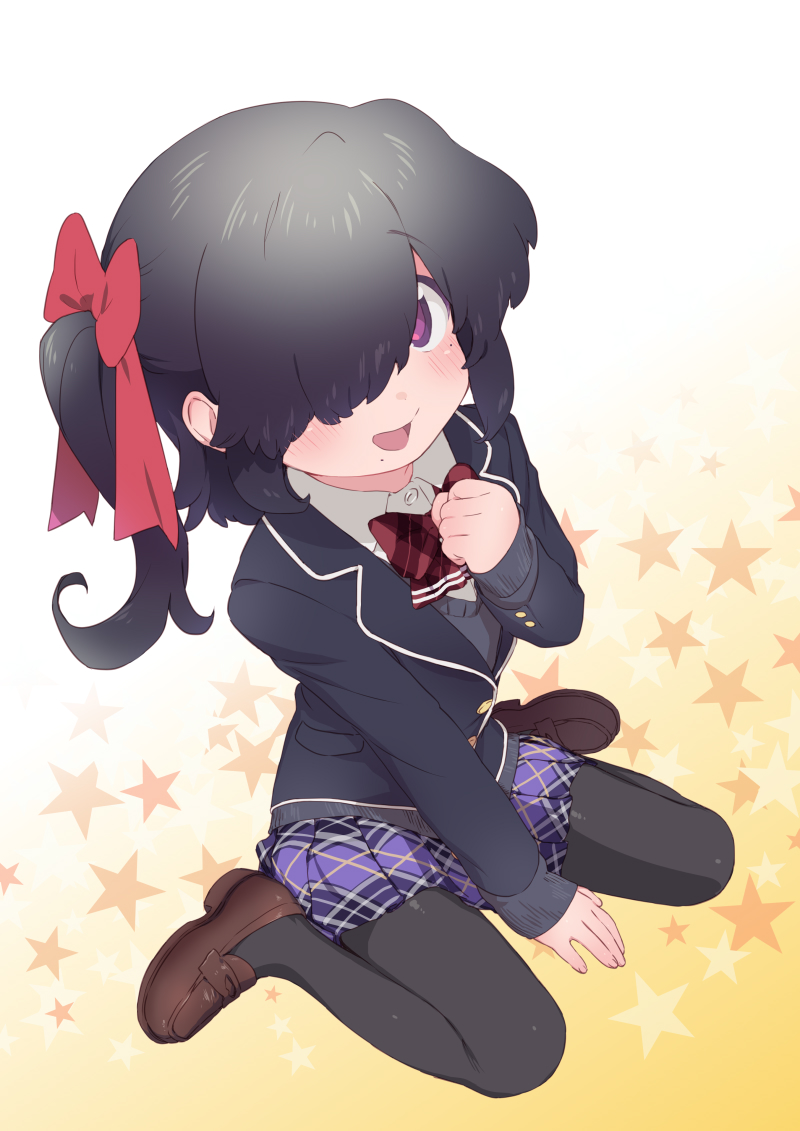 1girl ariduka_anto bangs black_hair blazer bow gradient gradient_background hair_bow hair_over_one_eye hair_ribbon jacket loafers mizuno_uchi mole mole_under_eye mole_under_mouth pantyhose pleated_skirt ribbon school_uniform shoes short_hair side_ponytail sidelocks sitting skirt star_(symbol) violet_eyes virtual_anto_channel wariza white_background yellow_background