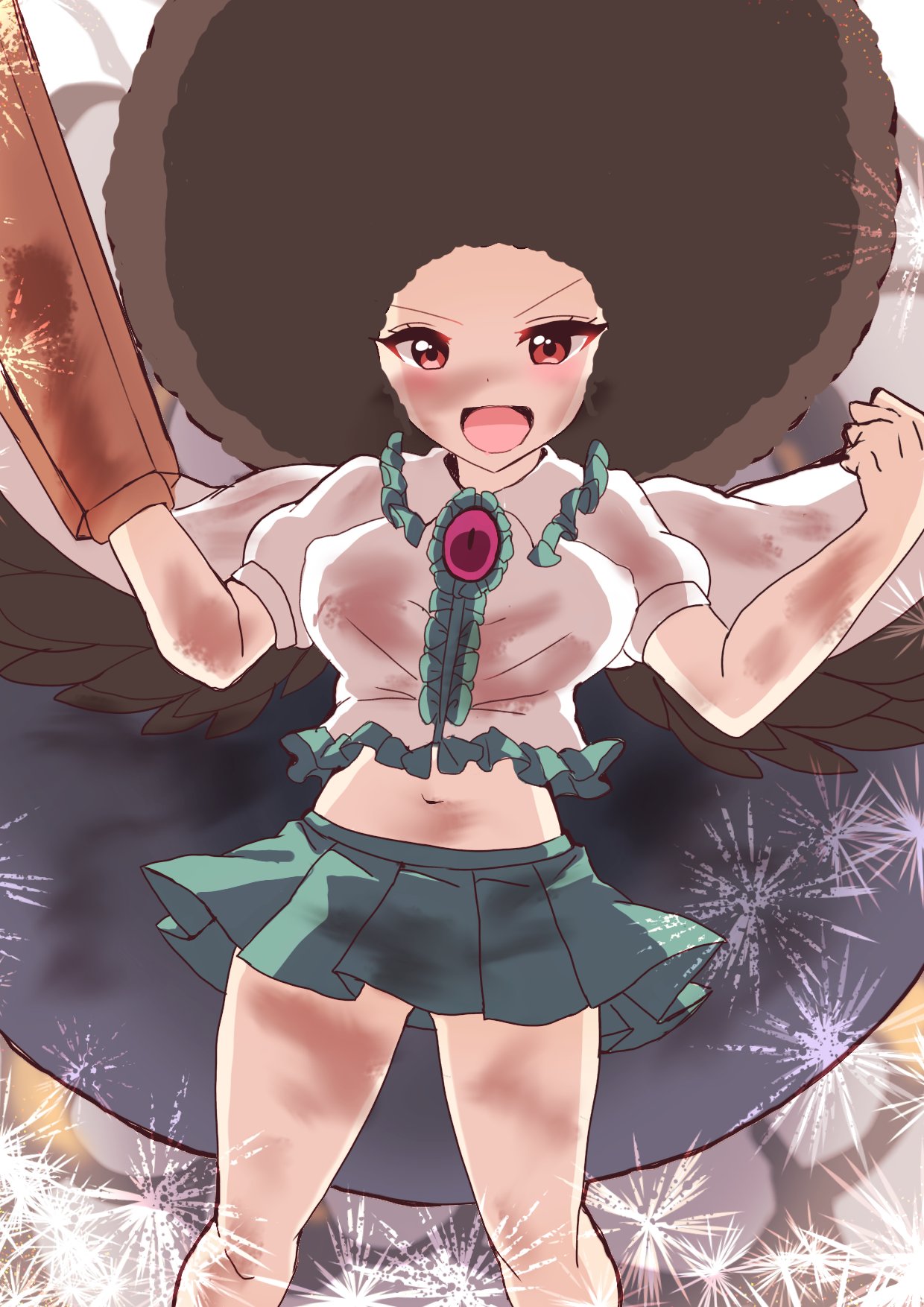 1girl afro arm_cannon bird_wings black_wings brown_hair cape green_skirt highres ougi_hina red_eyes reiuji_utsuho skirt solo starry_sky_print third_eye touhou weapon white_cape wings