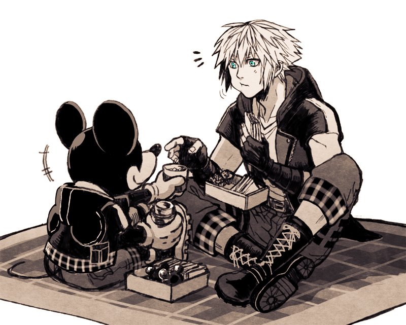 2boys aqua_eyes black_footwear black_gloves boots cup eating fingerless_gloves full_body gloves holding holding_cup hood hood_down indian_style jacket kingdom_hearts kingdom_hearts_iii male_focus mickey_mouse multiple_boys owlforkh pants pants_rolled_up plaid riku_(kingdom_hearts) short_sleeves sitting spot_color white_background