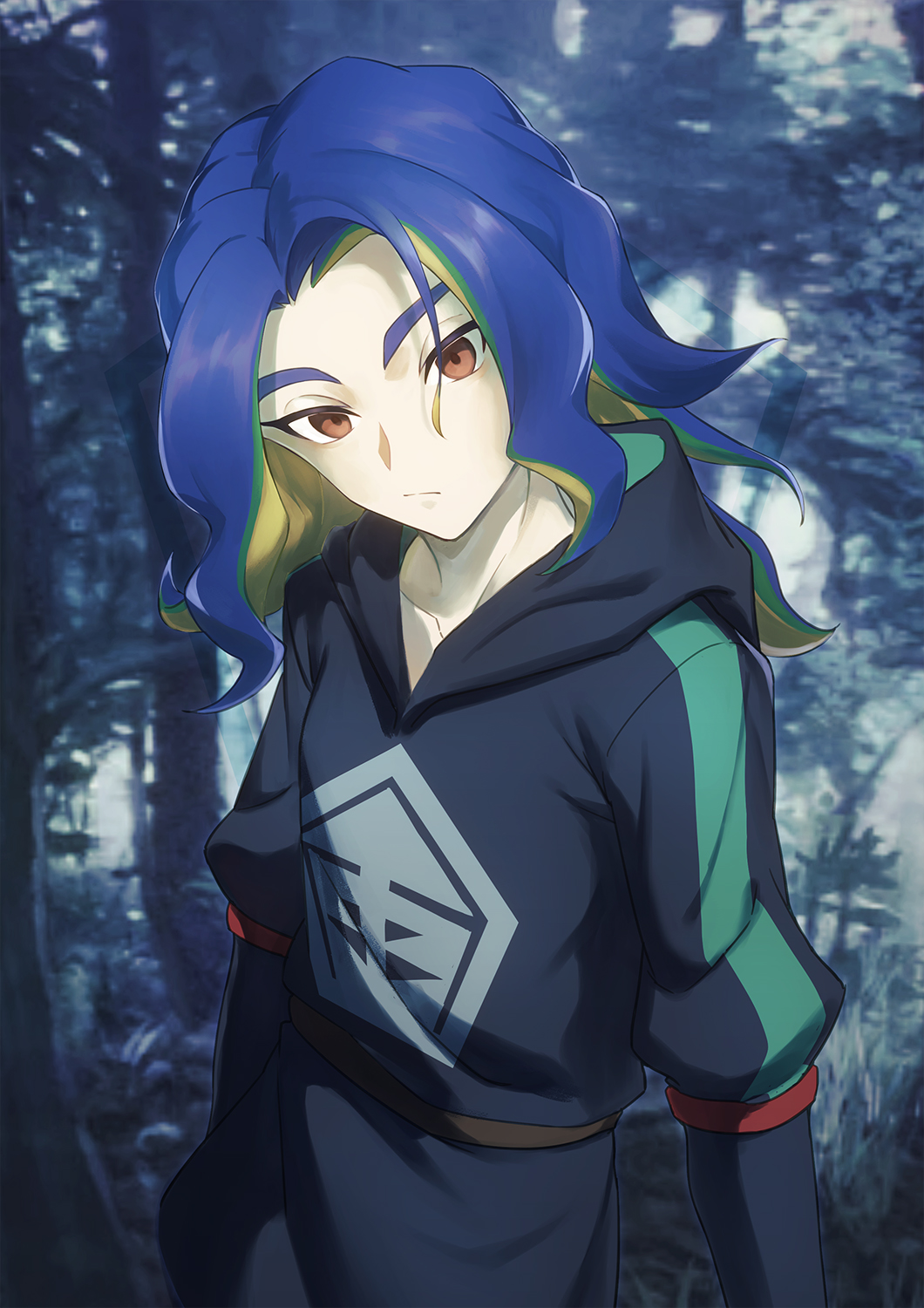 1boy adaman_(pokemon) aged_down bangs black_jacket blue_hair brown_eyes closed_mouth commentary_request green_hair head_tilt highres hood hood_down hooded_jacket hwk_(ong5pxqvlfykh1i) jacket long_hair male_focus multicolored_hair outdoors pokemon pokemon_(game) pokemon_legends:_arceus solo tree