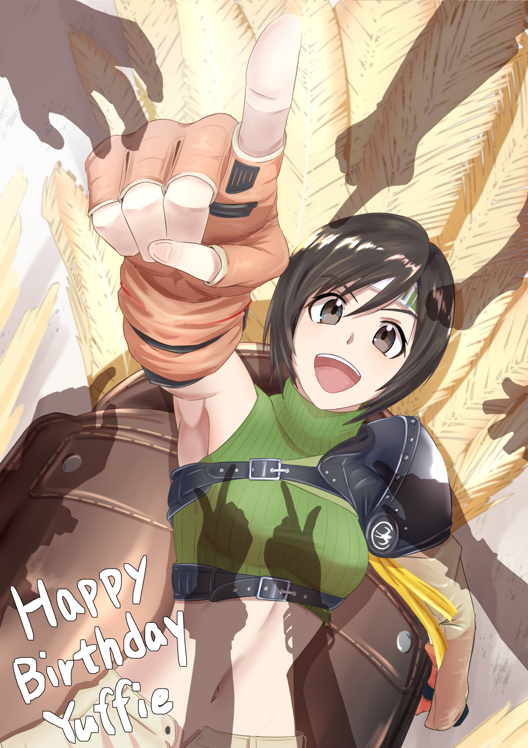 :d armor armpits birthday black_hair breasts brown_eyes brown_shorts character_name chocobo cropped_sweater english_text excited feathers final_fantasy final_fantasy_vii fingerless_gloves forehead_protector foreshortening from_above gloves green_sweater headband highres index_finger_raised kazaguruma2600 lying medium_breasts midriff navel on_back open_fly open_mouth orange_gloves pauldrons perspective pointing pointing_forward romaji_text saddle shadow short_hair shorts shoulder_armor single_bare_shoulder single_pauldron sleeveless sleeveless_sweater sleeveless_turtleneck smile sweater turtleneck turtleneck_sweater v-shaped_eyebrows yuffie_kisaragi