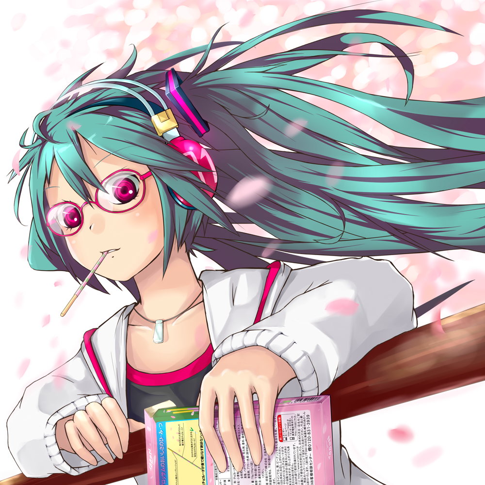 1girl alternate_eye_color bangs bespectacled black_shirt blue_hair blush boru_(ochagashi) box commentary_request dutch_angle food food_in_mouth glasses hair_between_eyes hair_ornament hatsune_miku headphones holding holding_box hood hood_down hoodie jewelry long_hair looking_at_viewer necklace open_clothes open_hoodie pink-framed_eyewear pink_eyes pocky shirt solo upper_body very_long_hair vocaloid white_hoodie