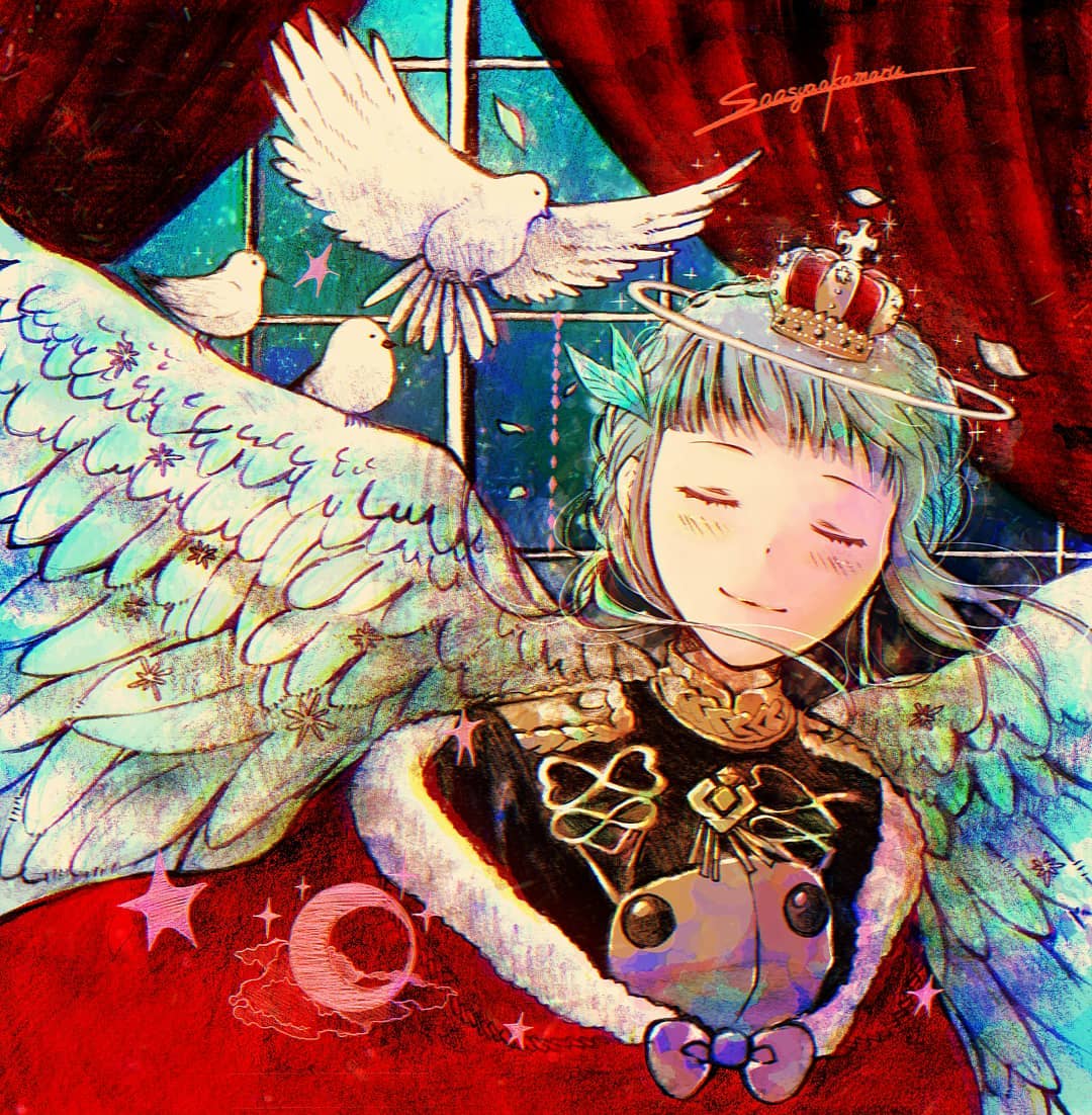 1girl akamaru_saasha angel_wings bird blue_hair cape closed_eyes crown fire_emblem fire_emblem:_three_houses garreg_mach_monastery_uniform marianne_von_edmund red_curtains smile wings