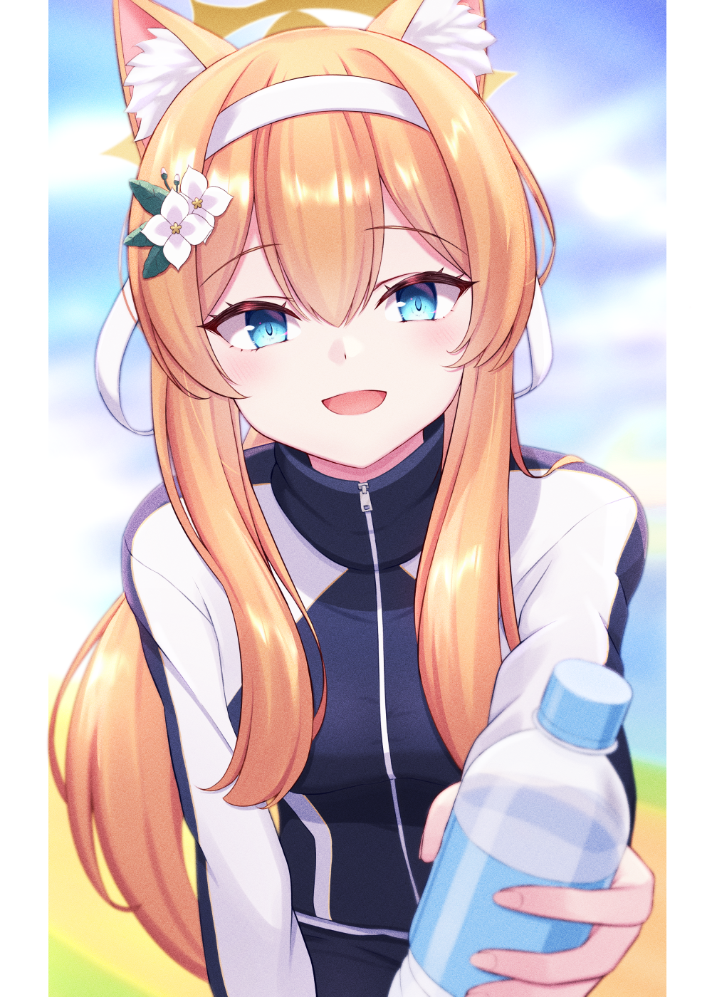 1girl :d animal_ear_fluff animal_ears black_jacket blue_archive blue_sky bottle clouds day flower hair_flower hair_ornament hairband halo highres holding holding_bottle jacket long_hair long_sleeves looking_at_viewer mari_(blue_archive) mari_(gym_uniform)_(blue_archive) multicolored_clothes multicolored_jacket obustat official_alternate_costume orange_hair outdoors plastic_bottle sky smile solo track_jacket two-tone_jacket water_bottle white_hairband white_jacket zipper