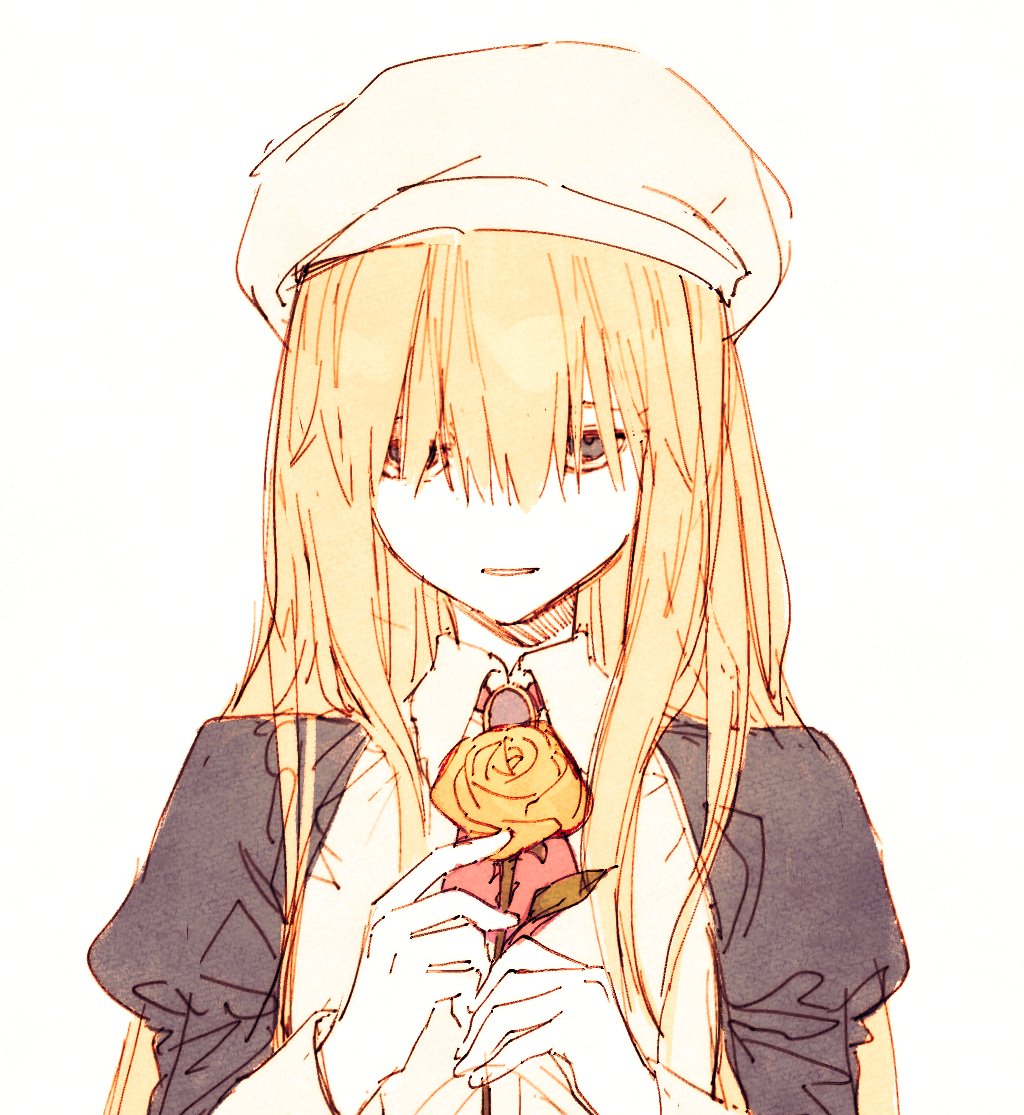 1other aluce androgynous beret blonde_hair collared_shirt flower hair_over_eyes hat long_hair maid necktie rose shirt simple_background umineko_no_naku_koro_ni white_background wrist_cuffs yasu_(umineko) yellow_flower yellow_rose