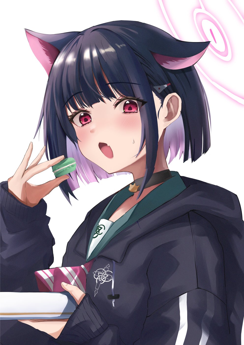 animal_ears black_choker black_hair blue_archive choker colored_inner_hair eating food geco_gecko hair_ornament hairclip halo highres hood hooded_jacket jacket kazusa_(blue_archive) macaron multicolored_hair neckerchief pink_eyes pink_hair pink_neckerchief two-tone_hair